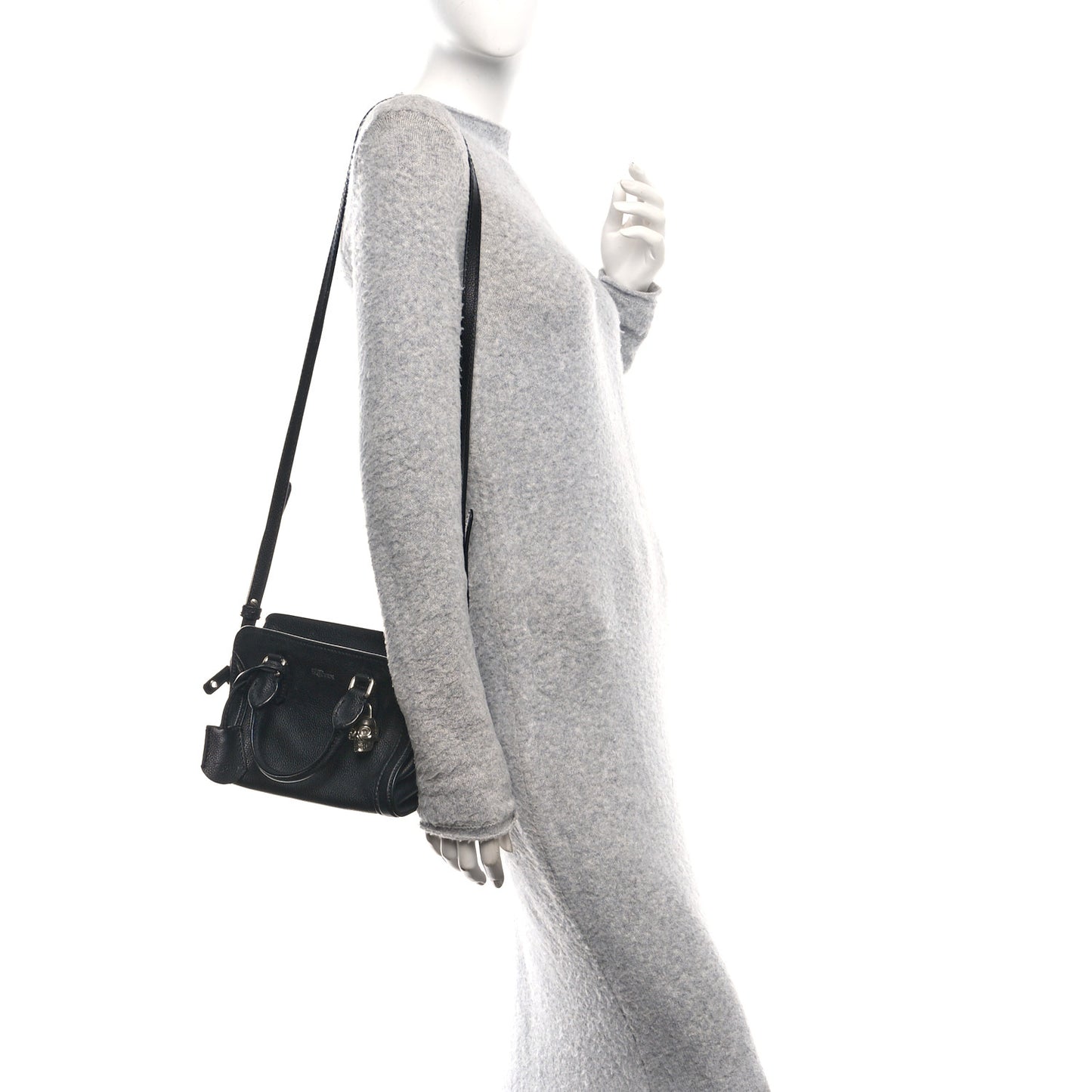 Pebbled Calfskin Mini Skull Padlock Zip Around Tote Black