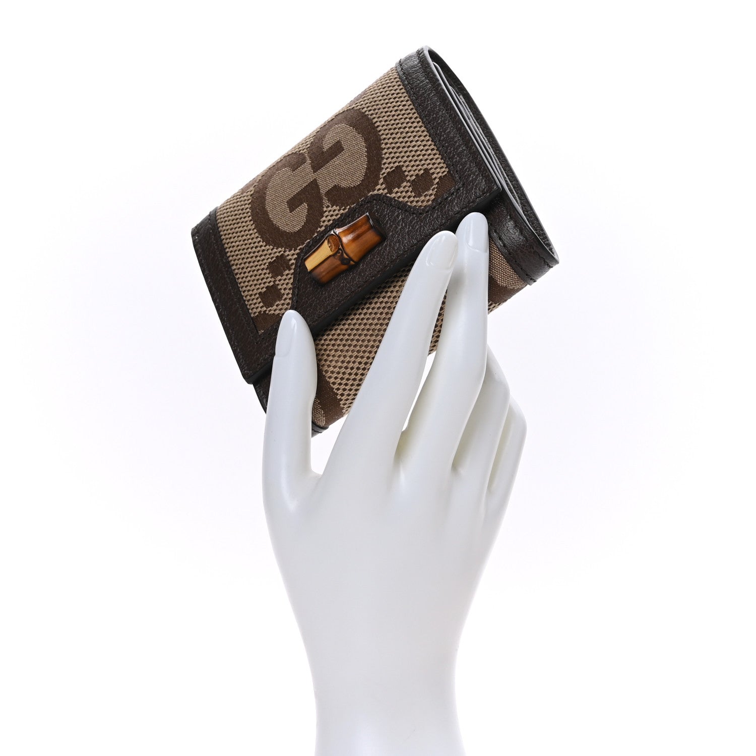 Gucci Monogram Jumbo GG Textured Dollar Calfskin Diana Compact Wallet Camel Ebony New Acero 2 of 6