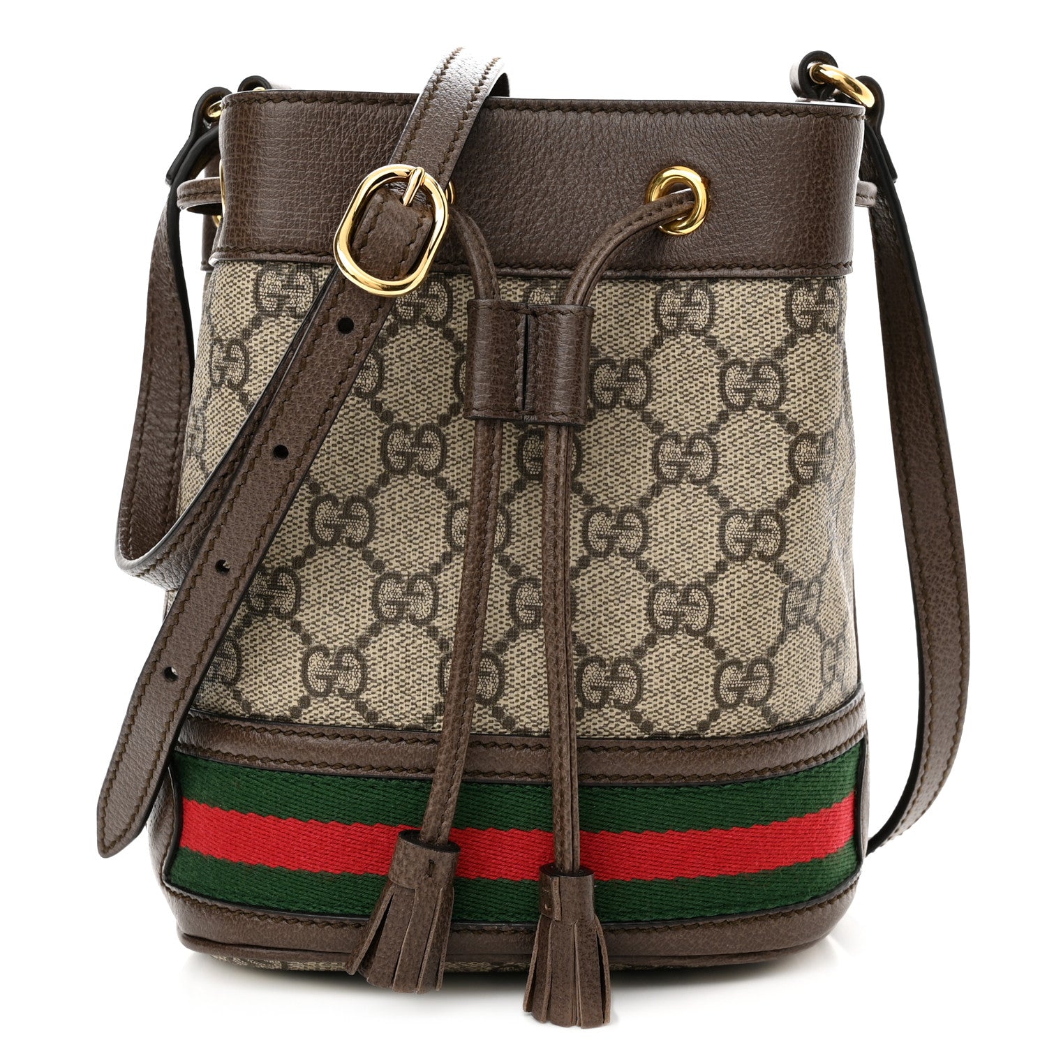Gucci GG Supreme Monogram Web Mini Ophidia Bucket Bag Brown 1 of 10