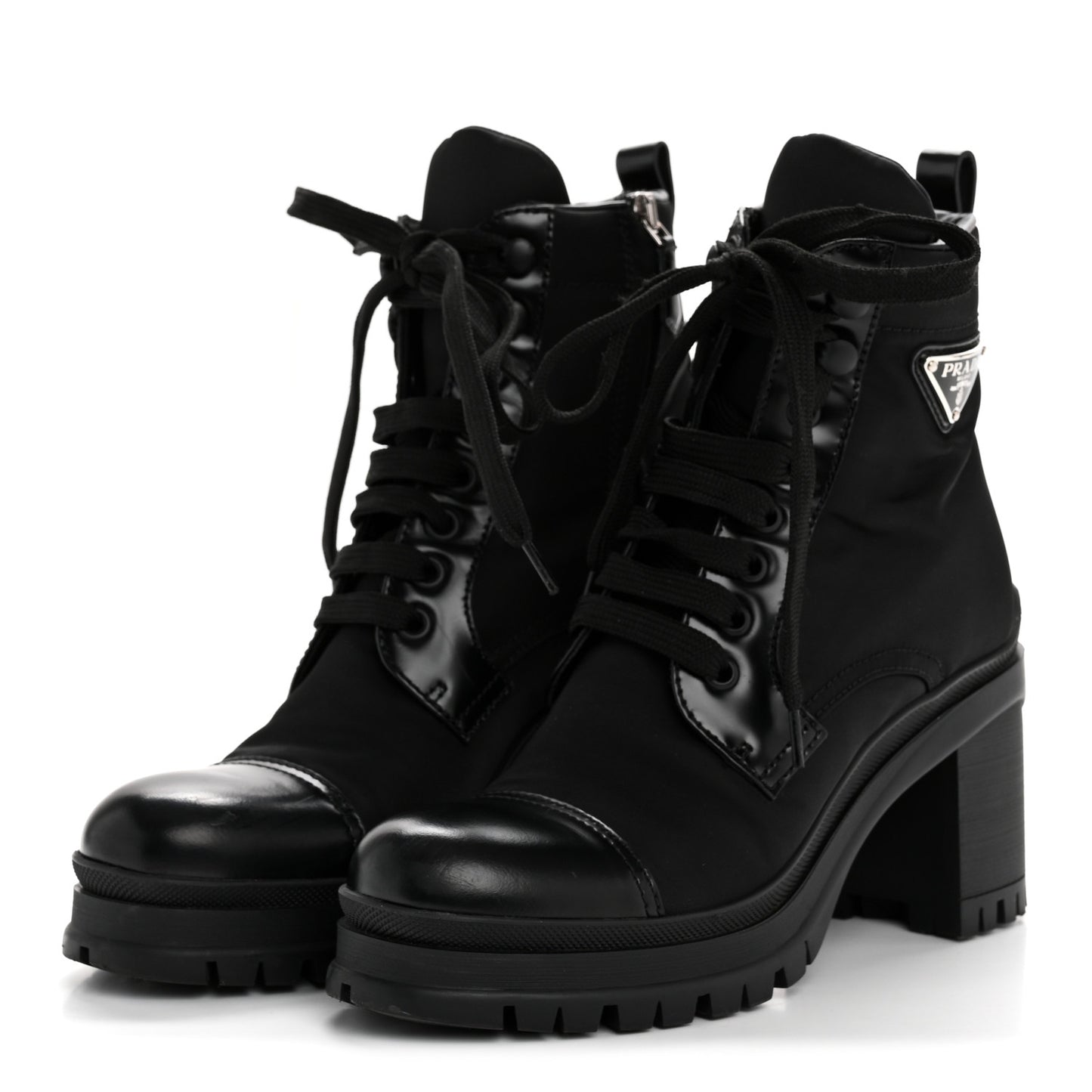 Spazzolato Re-Nylon Metal Triangle Logo Lace Up 55mm Ankle Boots 36 Black