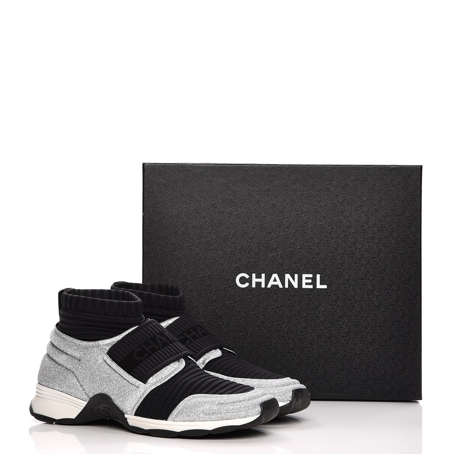 Chanel Glitter Stretch Fabric CC Sneakers 38.5 Black Silver 9 of 11