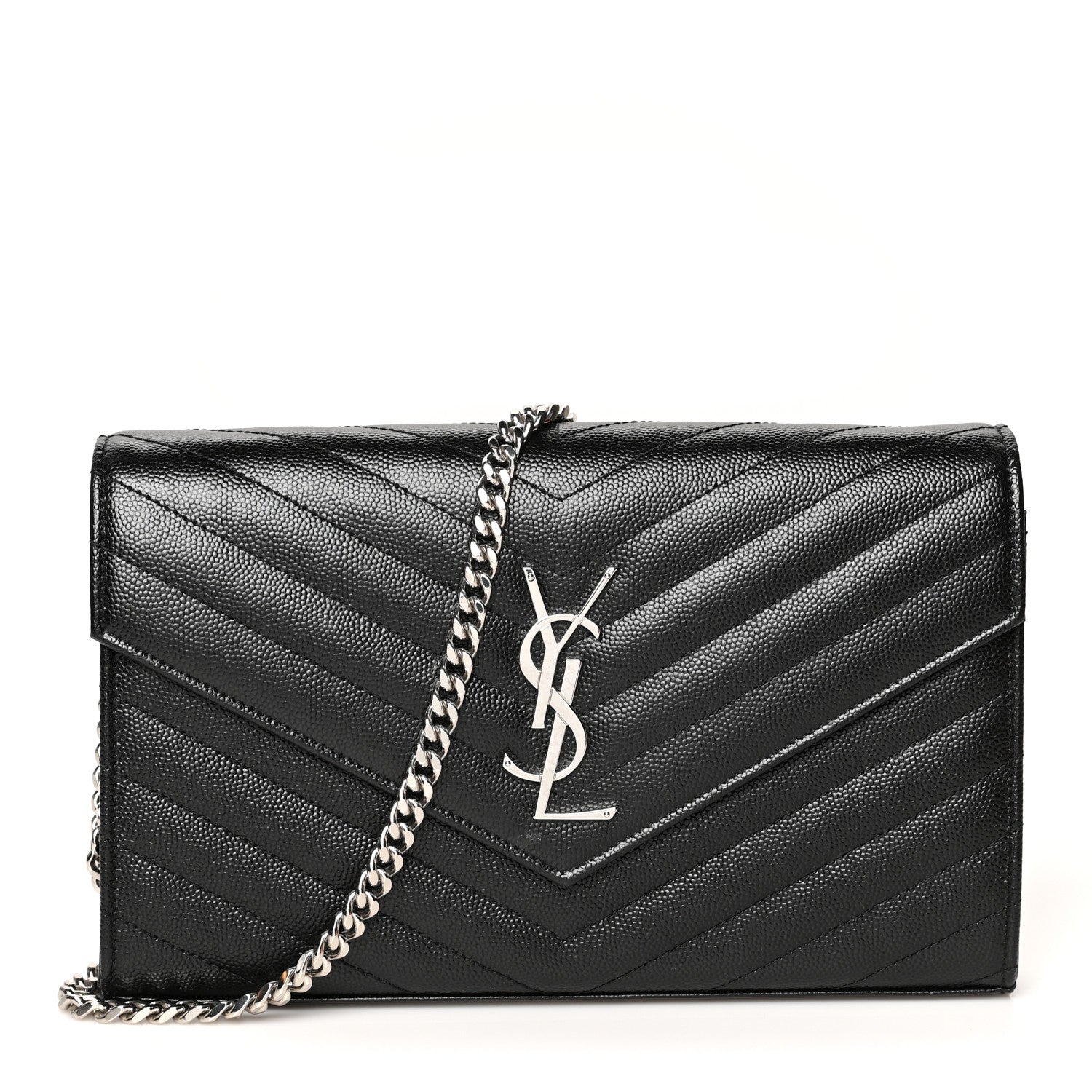 Saint Laurent Grain De Poudre Matelasse Chevron Monogram Chain Wallet Black 1 of 12
