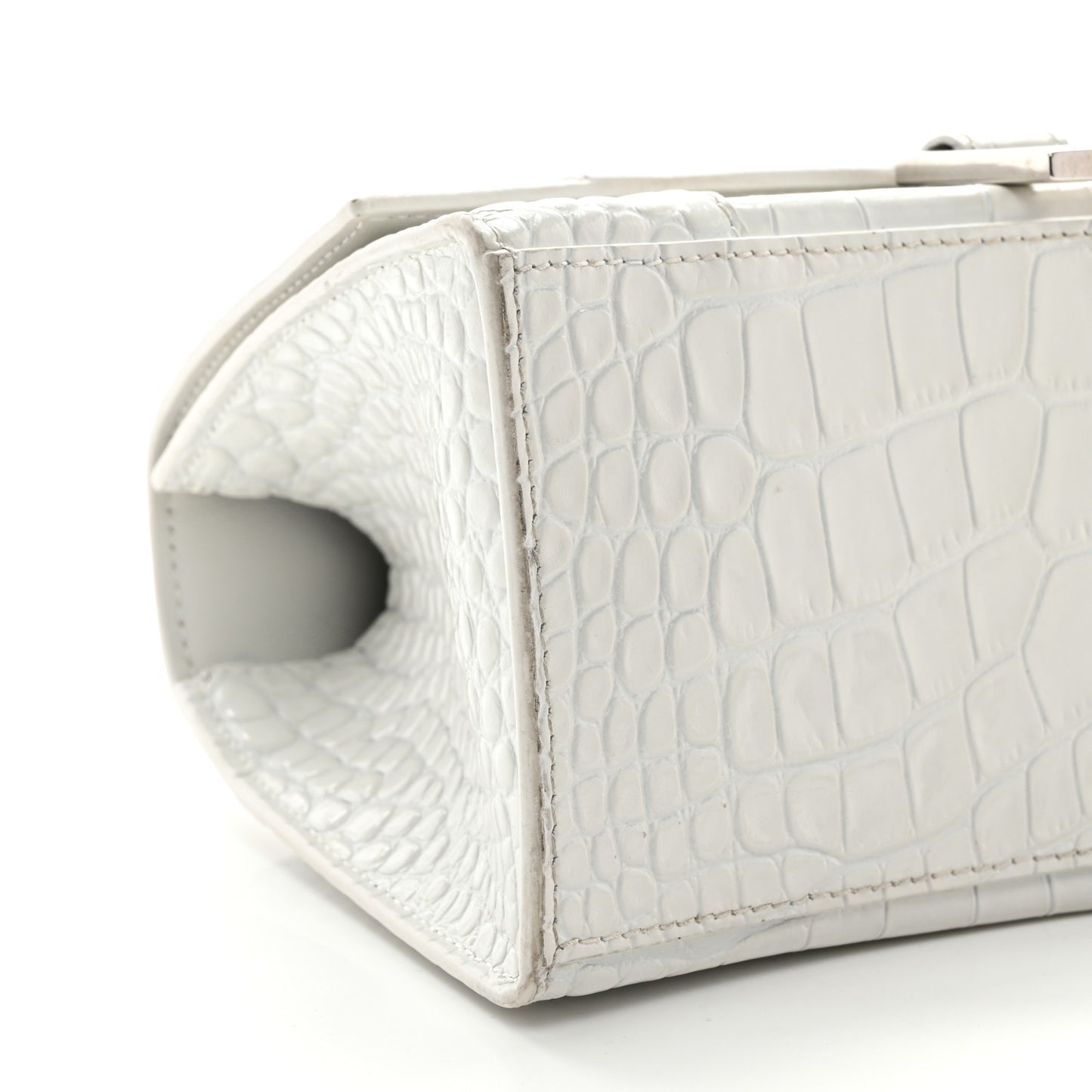 Shiny Calfskin Crocodile Embossed Small Hourglass Top Handle Bag White