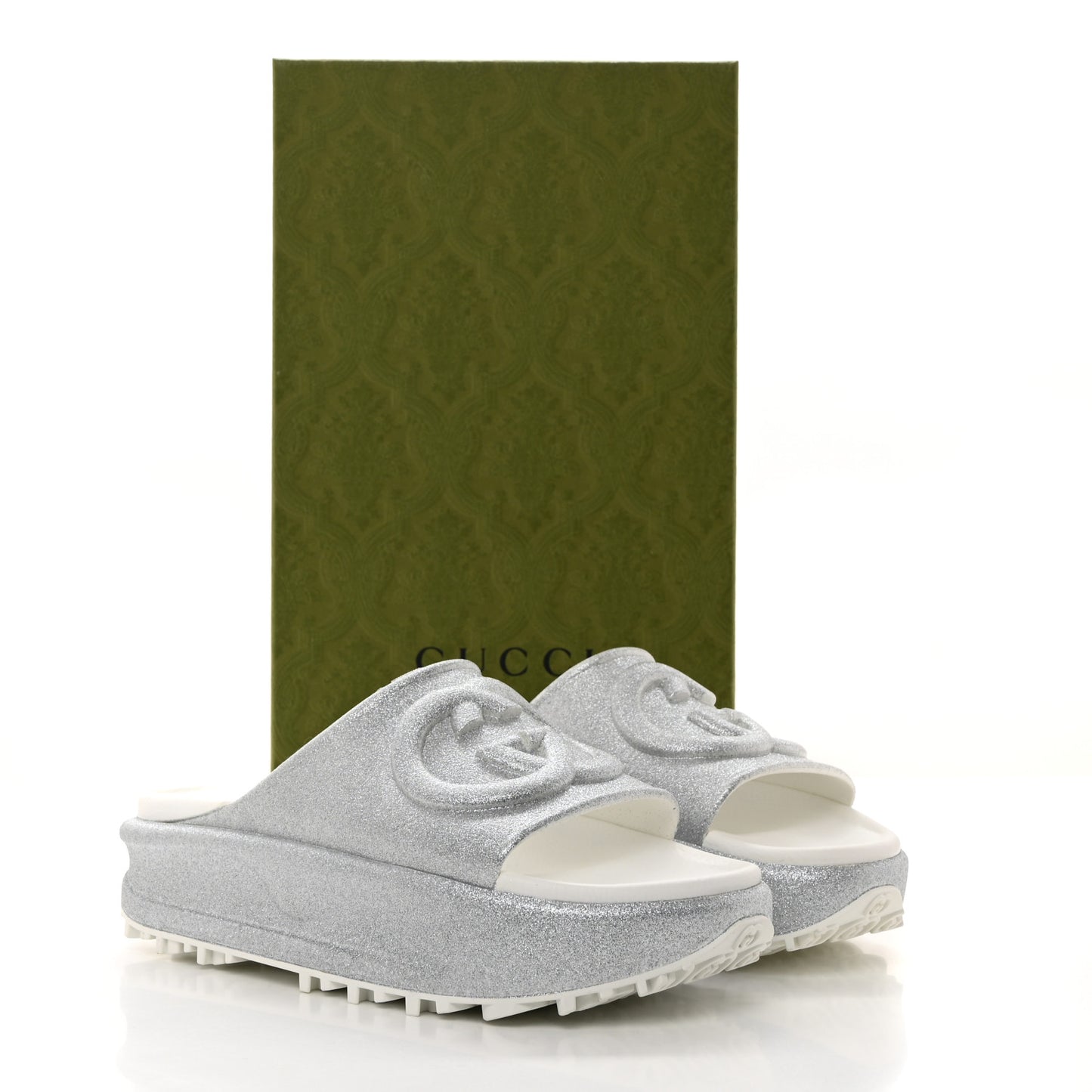 Glitter Rubber Womens Interlocking G Platform 42mm Slide Sandals 39 Silver