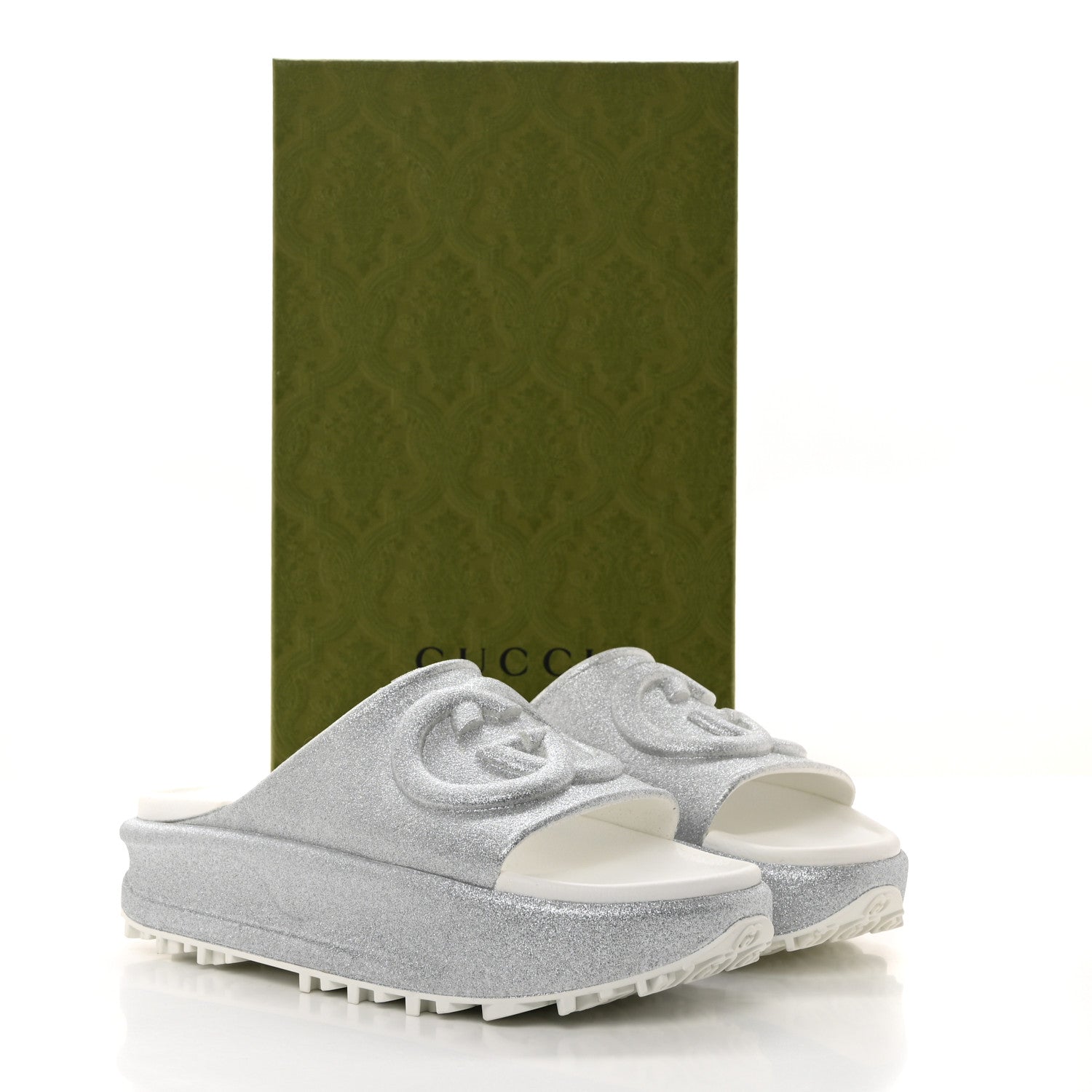 Gucci Glitter Rubber Womens Interlocking G Platform 42mm Slide Sandals 39 Silver 9 of 9