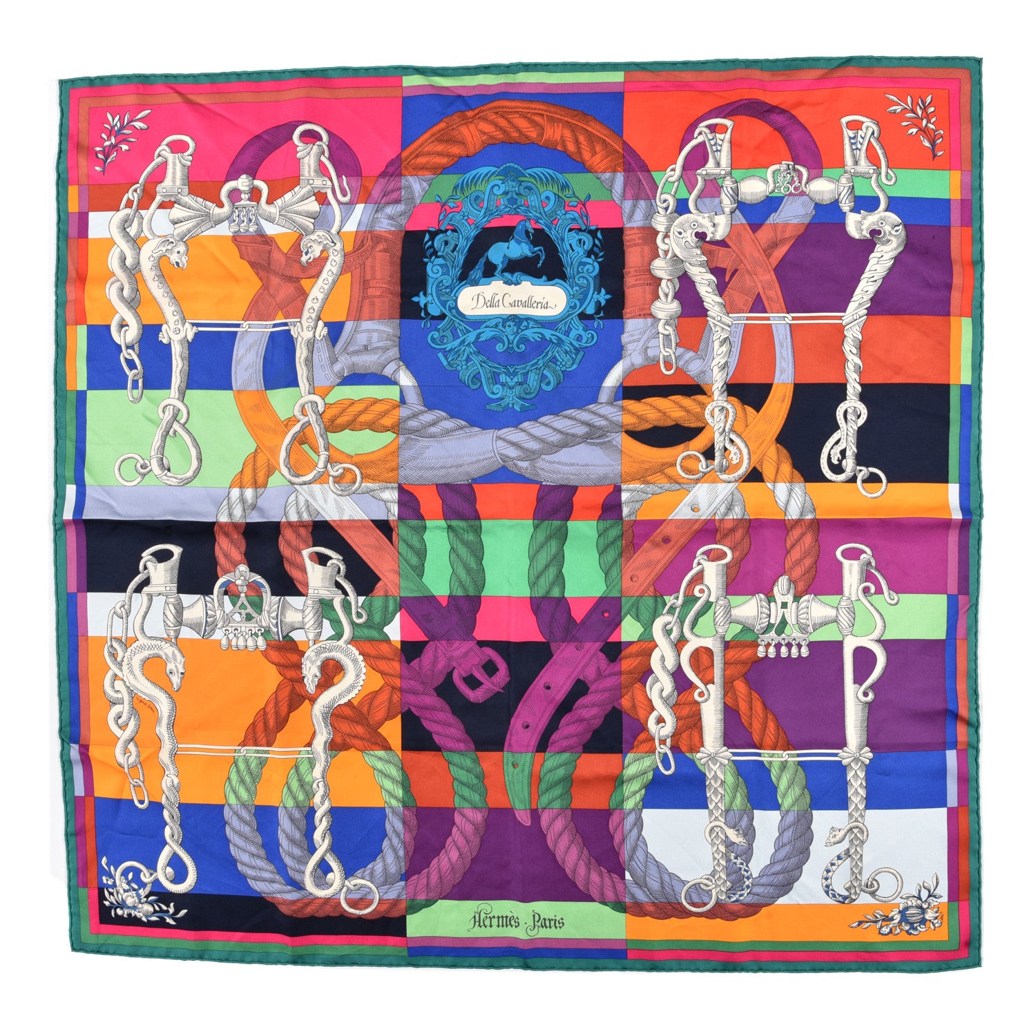 Hermes Silk Della Cavalleria Fine Scarf 90 in Vert Jaune Vif and Mauve Sylvestre 1 of 6
