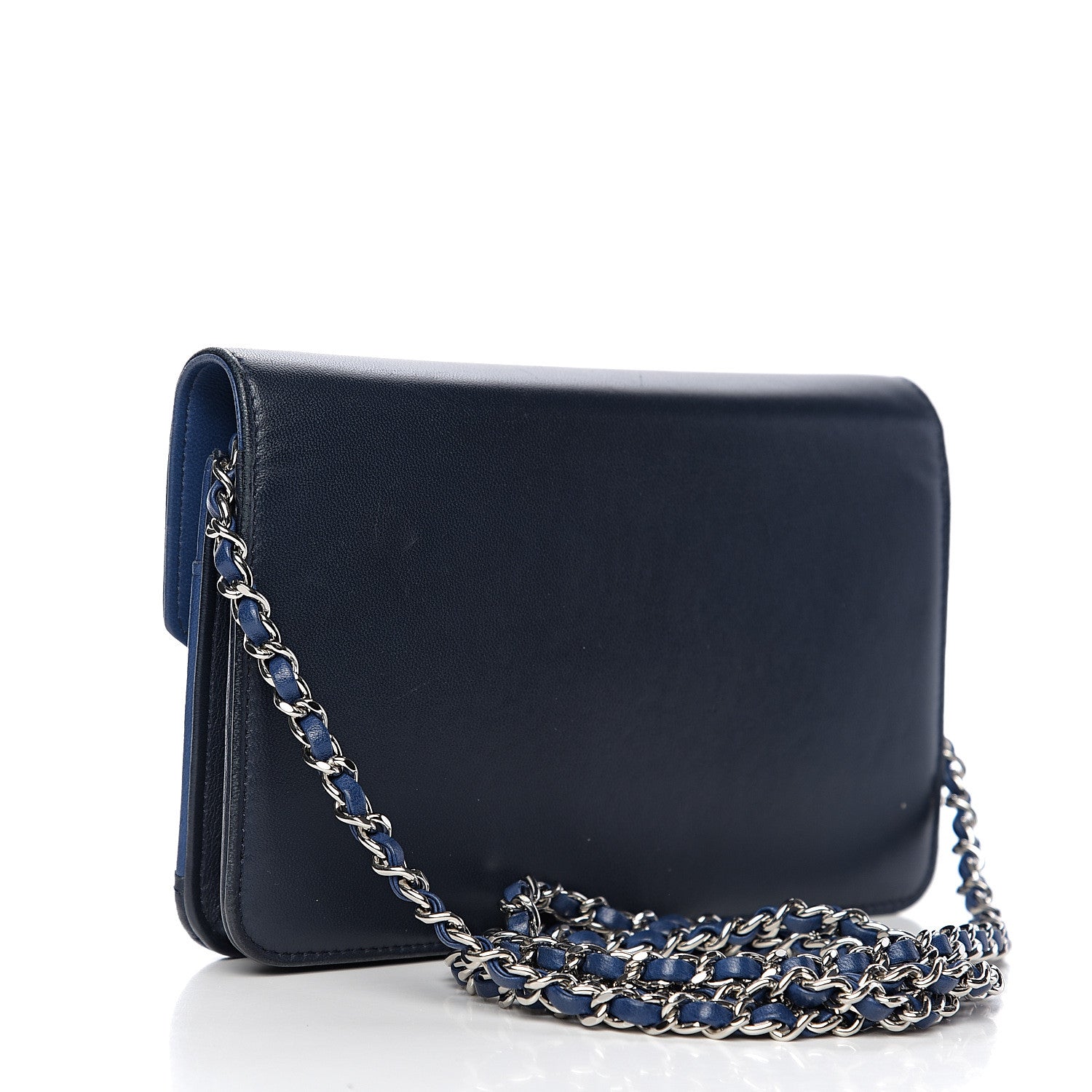 Chanel Lambskin Stitched Wallet On Chain WOC Blue 2 of 12