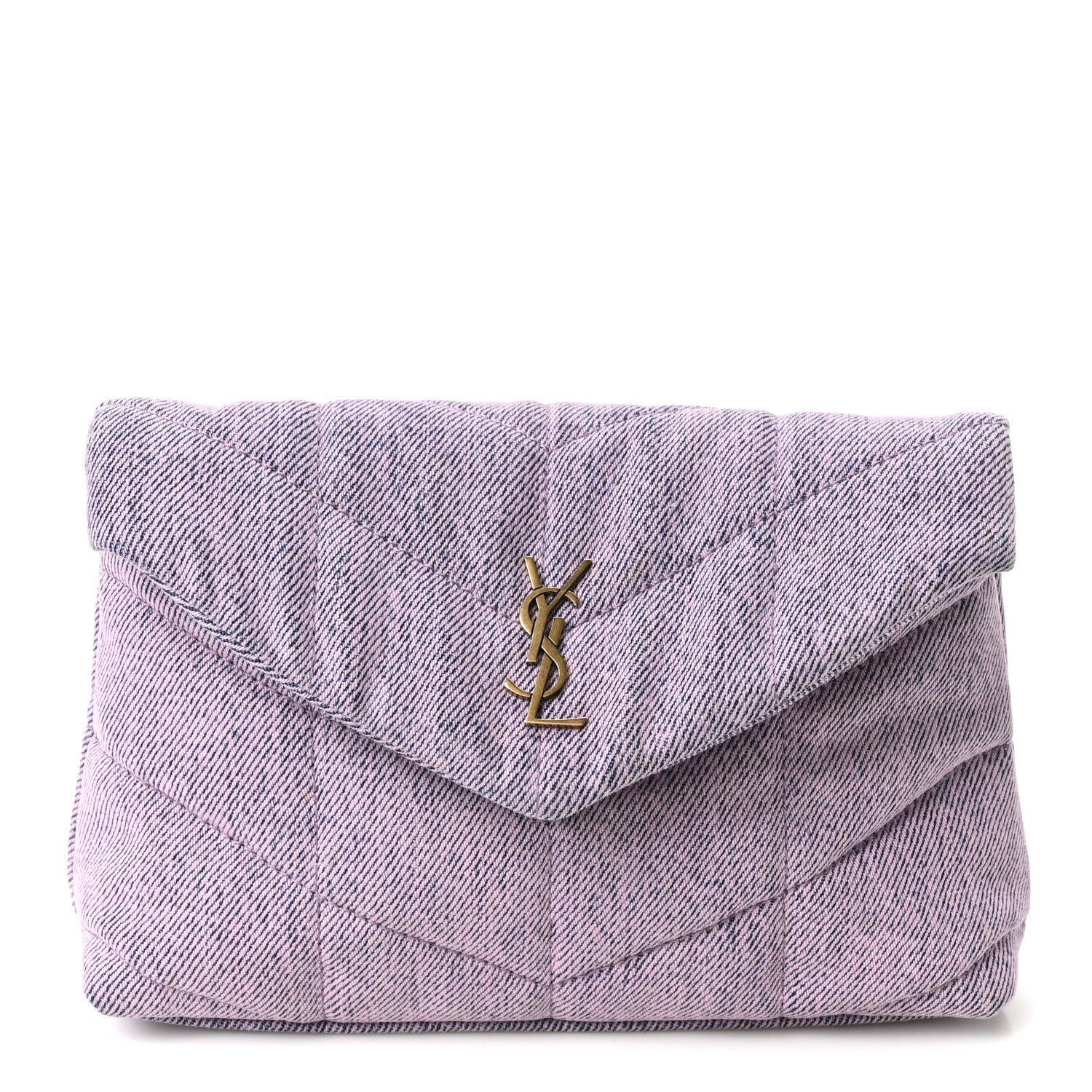 Saint Laurent Denim Quilted Loulou Puffer Monogram Pouch Clutch Bleached Lilac 1 of 12
