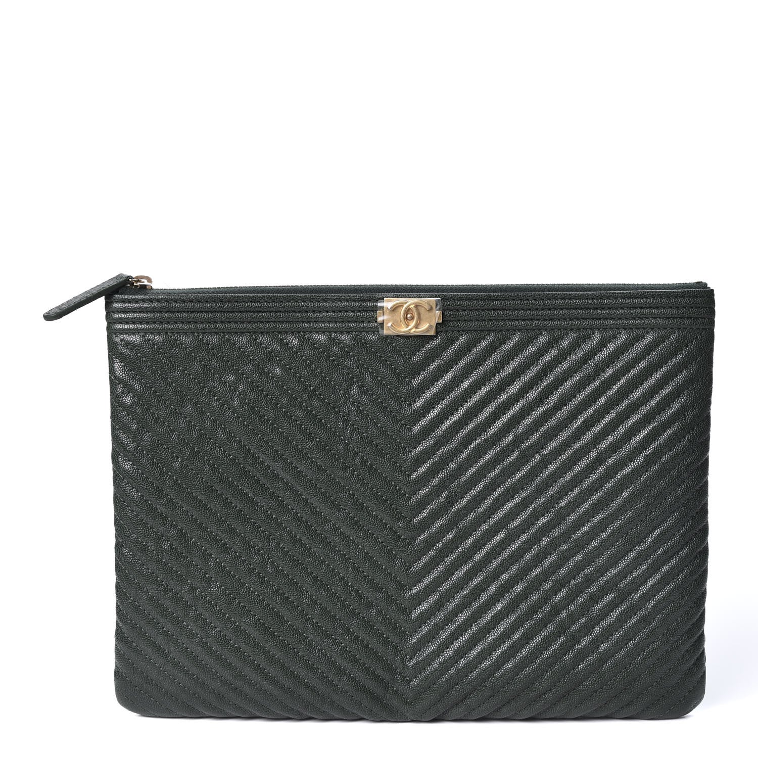 Chanel Caviar Chevron Quilted Medium Boy Zip Pouch Dark Green 1 of 10
