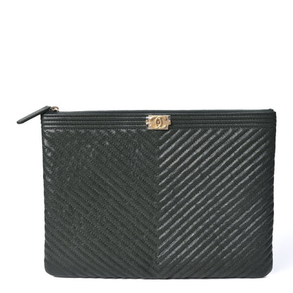 Chanel Caviar Chevron Quilted Medium Boy Zip Pouch Dark Green 1 of 10