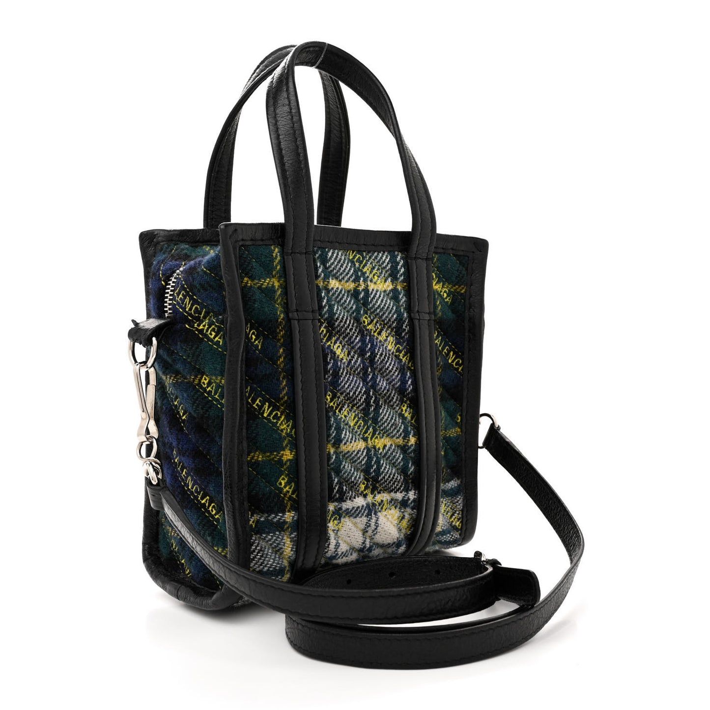 Wool Cuir Arena Plaid Diagonal Allover Logo Matelasse XXS Bazar Shopper Tote Green Blue Yellow