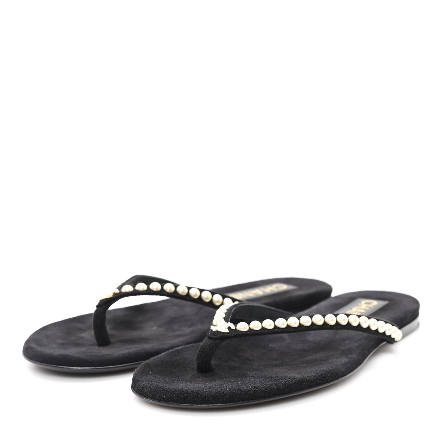 Chanel Suede Pearl Strass CC Thong Sandals 35.5 Black 4 of 8