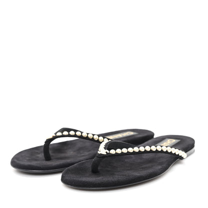 Chanel Suede Pearl Strass CC Thong Sandals 35.5 Black 4 of 8