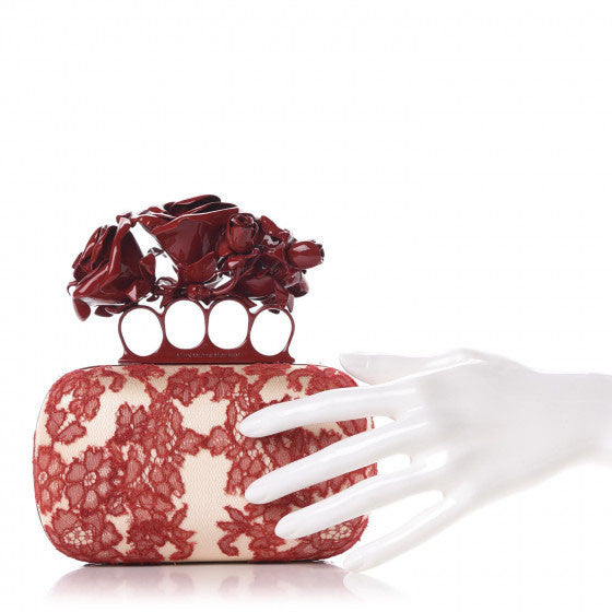 Lace Rose Knuckle Duster Box Clutch Red Nude