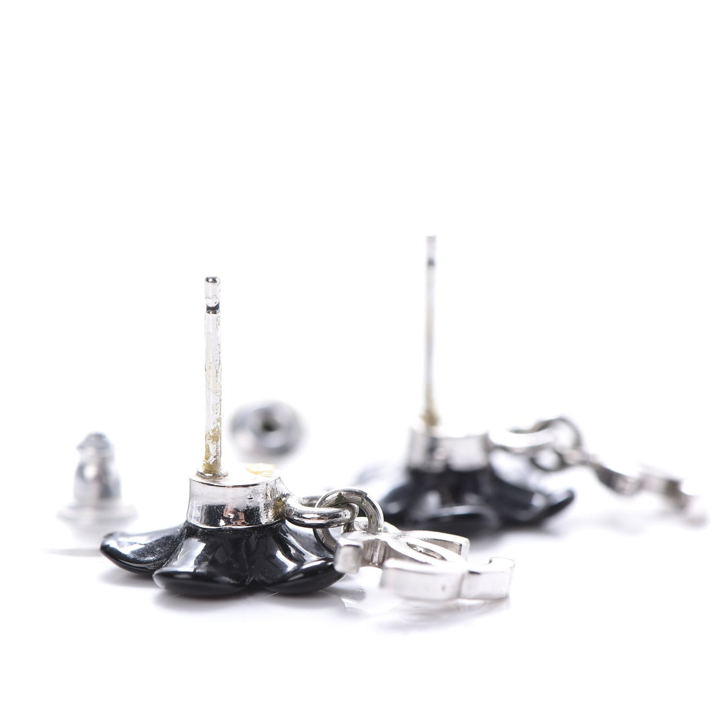Enamel Crystal CC Camellia Drop Earrings Black