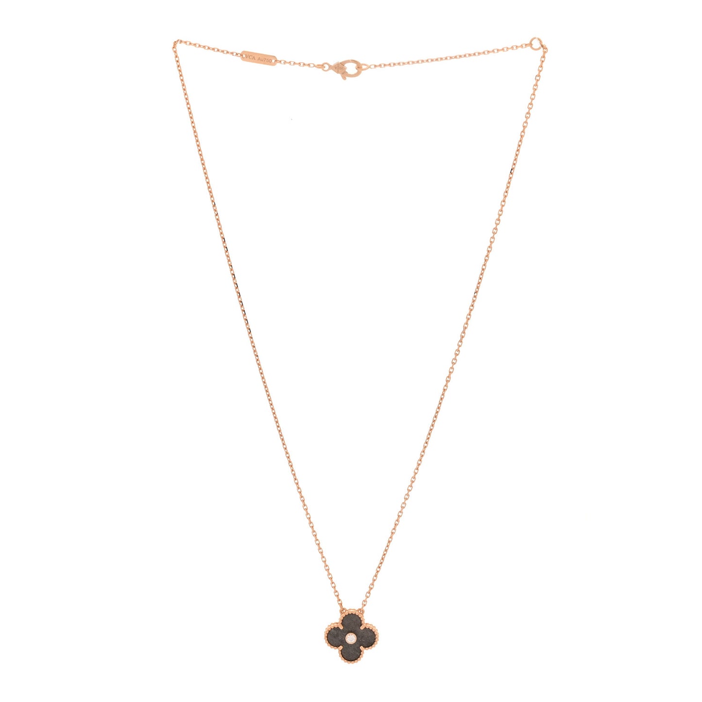 18K Rose Gold Diamond Silver Obsidian Vintage Alhambra Pendant Necklace