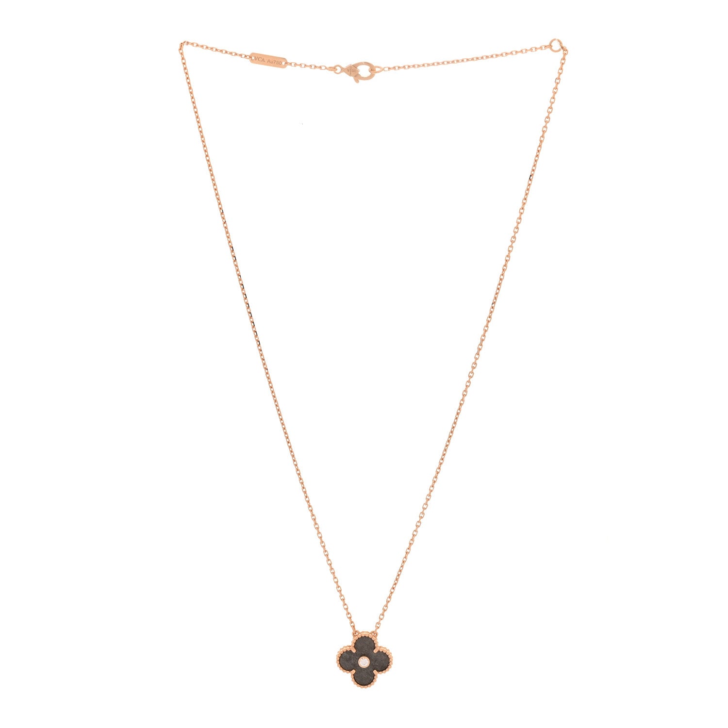 Van Cleef & Arpels 18K Rose Gold Diamond Silver Obsidian Vintage Alhambra Pendant Necklace 3 of 6
