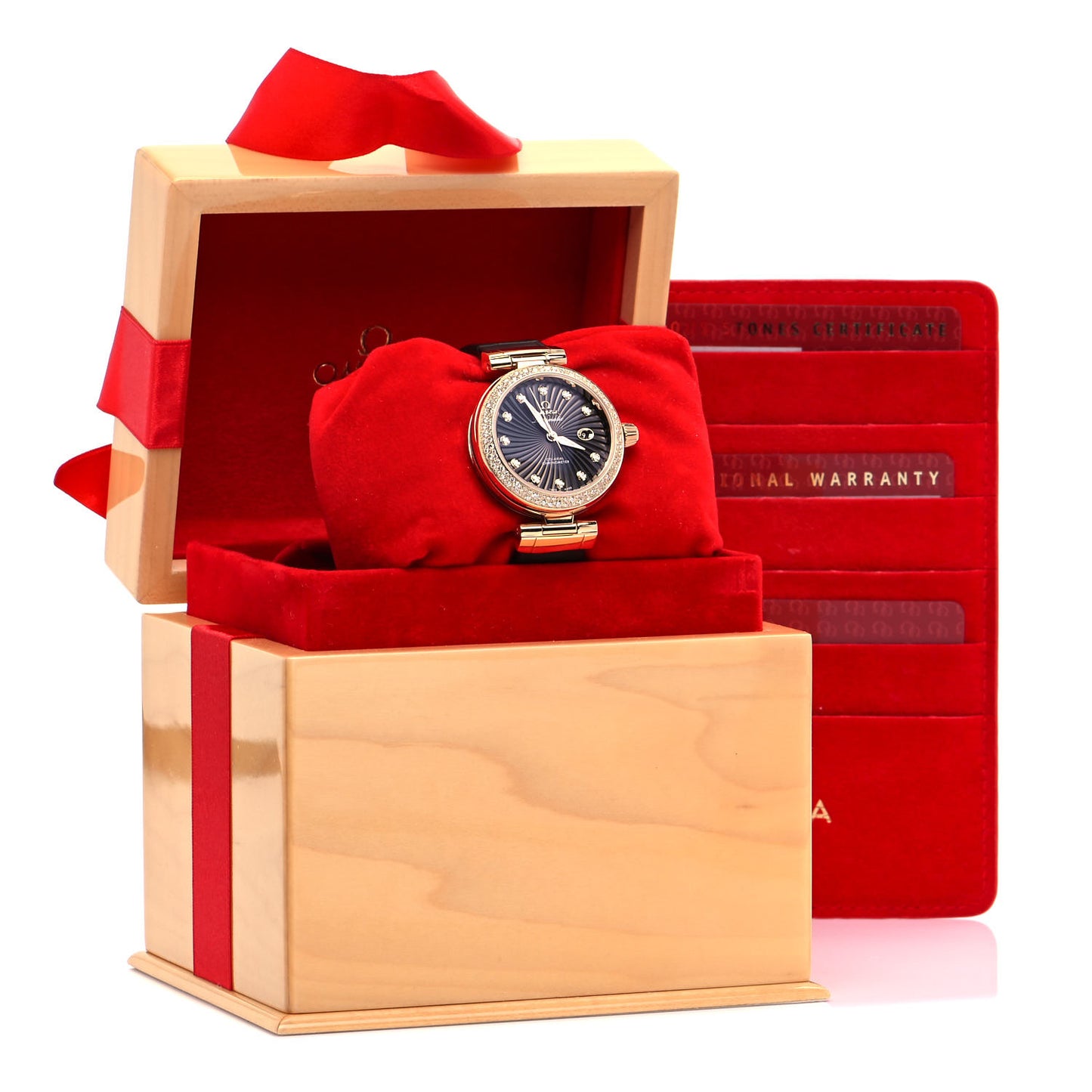 18K Red Gold Alligator Diamond Pave Bezel 34mm De Ville Ladymatic Automatic Watch Brown 425.68.34.20.63.001