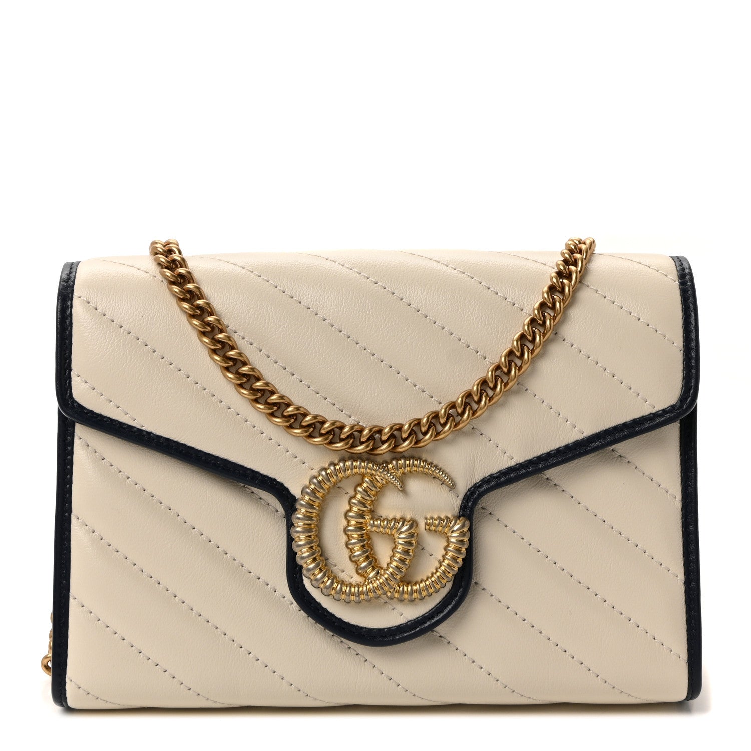 Gucci Vintage Effect Calfskin Matelasse Diagonal Torchon GG Marmont Chain Wallet Mystic White Blue Agata 1 of 10