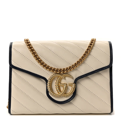Gucci Vintage Effect Calfskin Matelasse Diagonal Torchon GG Marmont Chain Wallet Mystic White Blue Agata 1 of 10