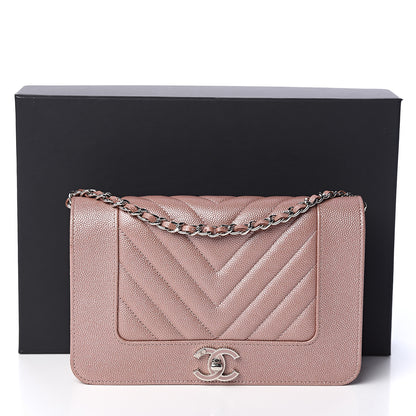 Chanel Metallic Caviar Chevron Quilted Vintage Mademoiselle Wallet On Chain WOC Pink 11 of 11