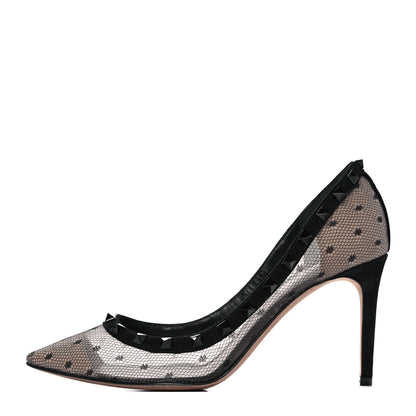 Valentino Garavani Mesh Point d'Esprit Calfskin Rockstud 85mm Pumps 39 Black 1 of 8