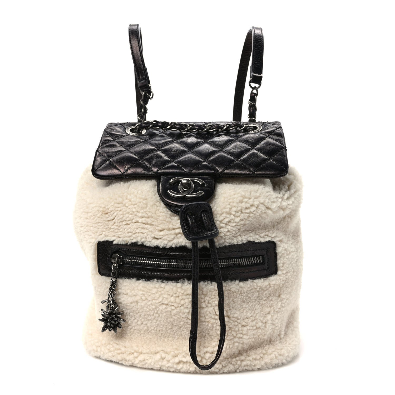 Chanel Glazed Calfskin Shearling Quilted Small Mountain Backpack Black Ivory 1 of 8