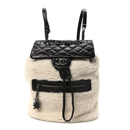 Chanel Glazed Calfskin Shearling Quilted Small Mountain Backpack Black Ivory 1 of 8