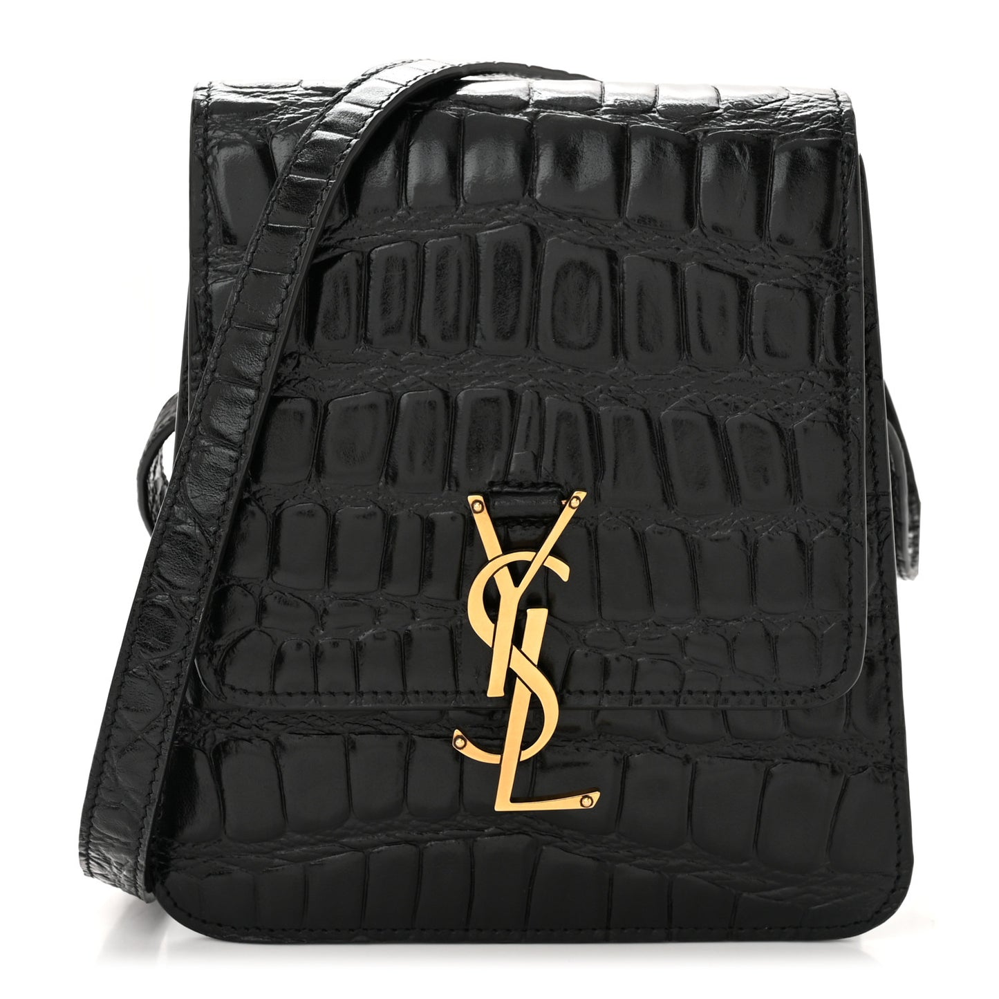 Calfskin Embossed Crocodile North South Kaia Satchel Black