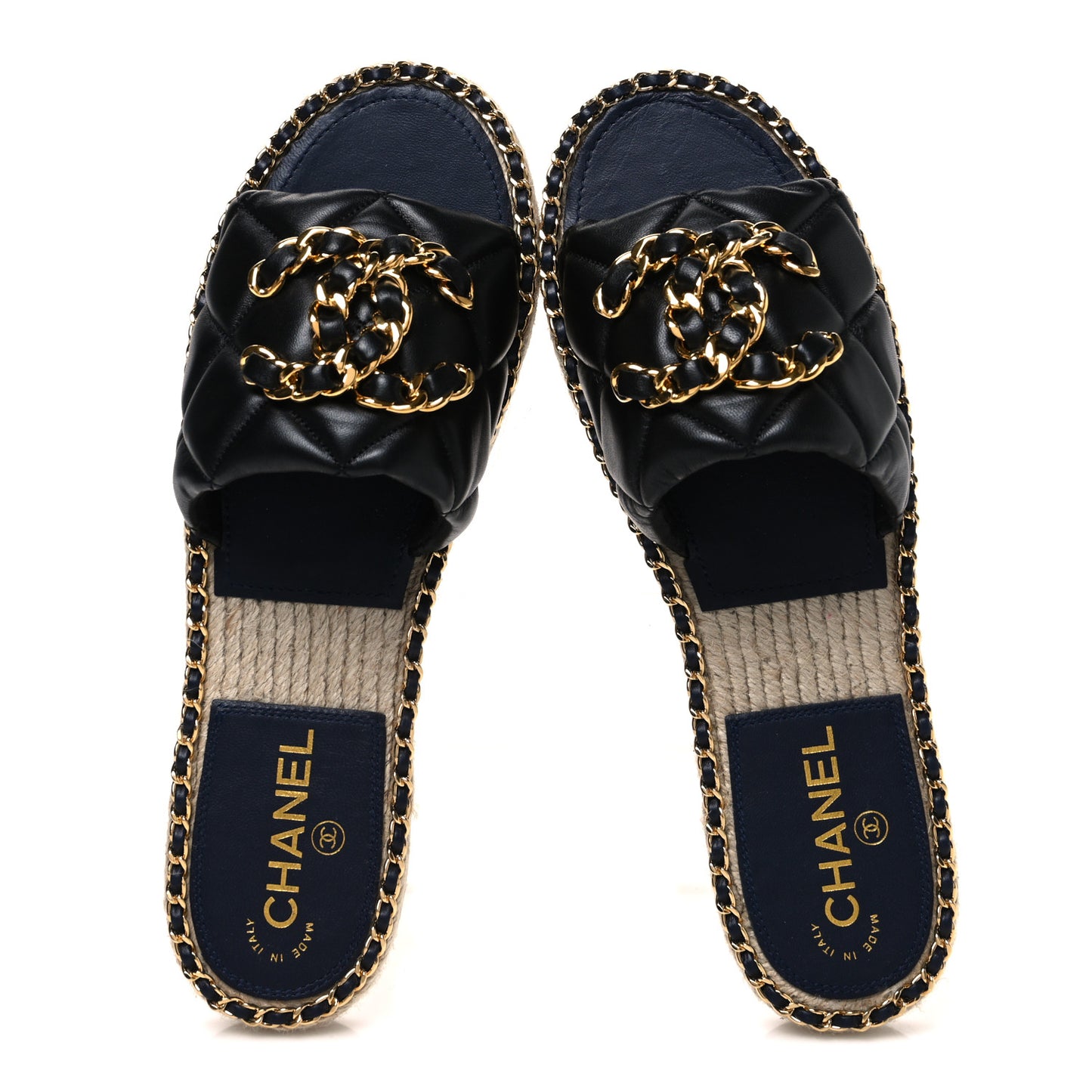 Lambskin Quilted CC Chain Espadrille Mules 40 Black Navy