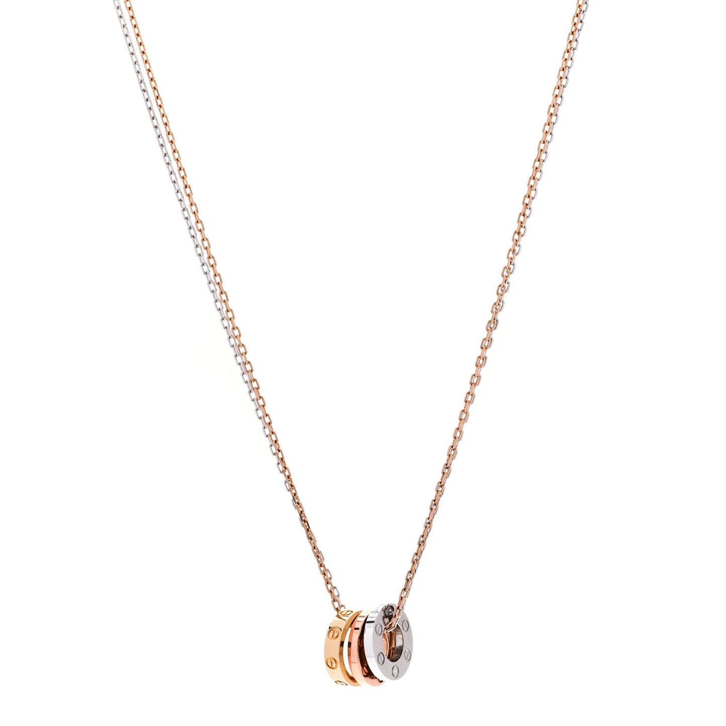 18K White Pink Gold Diamond Three Ring LOVE Pendant Necklace