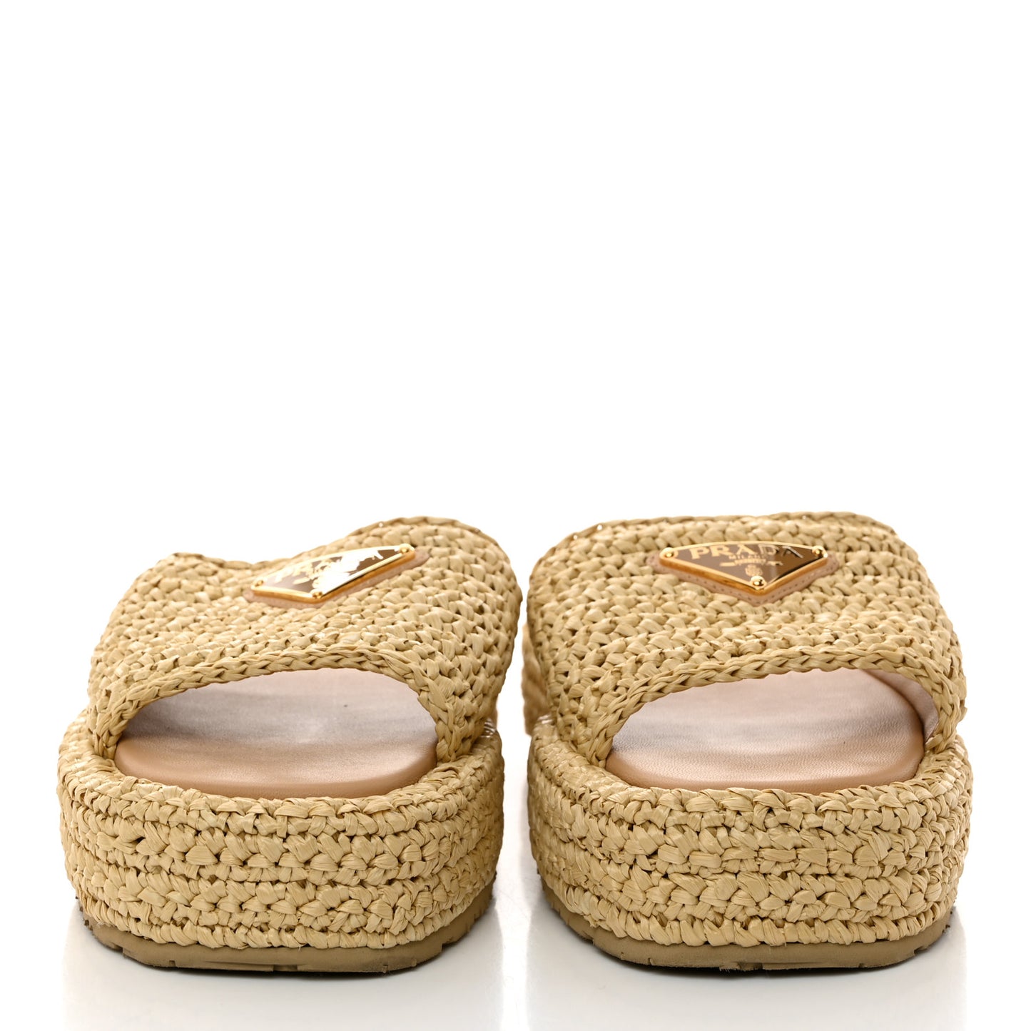 Raffia Metal Triangle Logo Woven Flatform 35mm Slide Sandals 36 Naturale