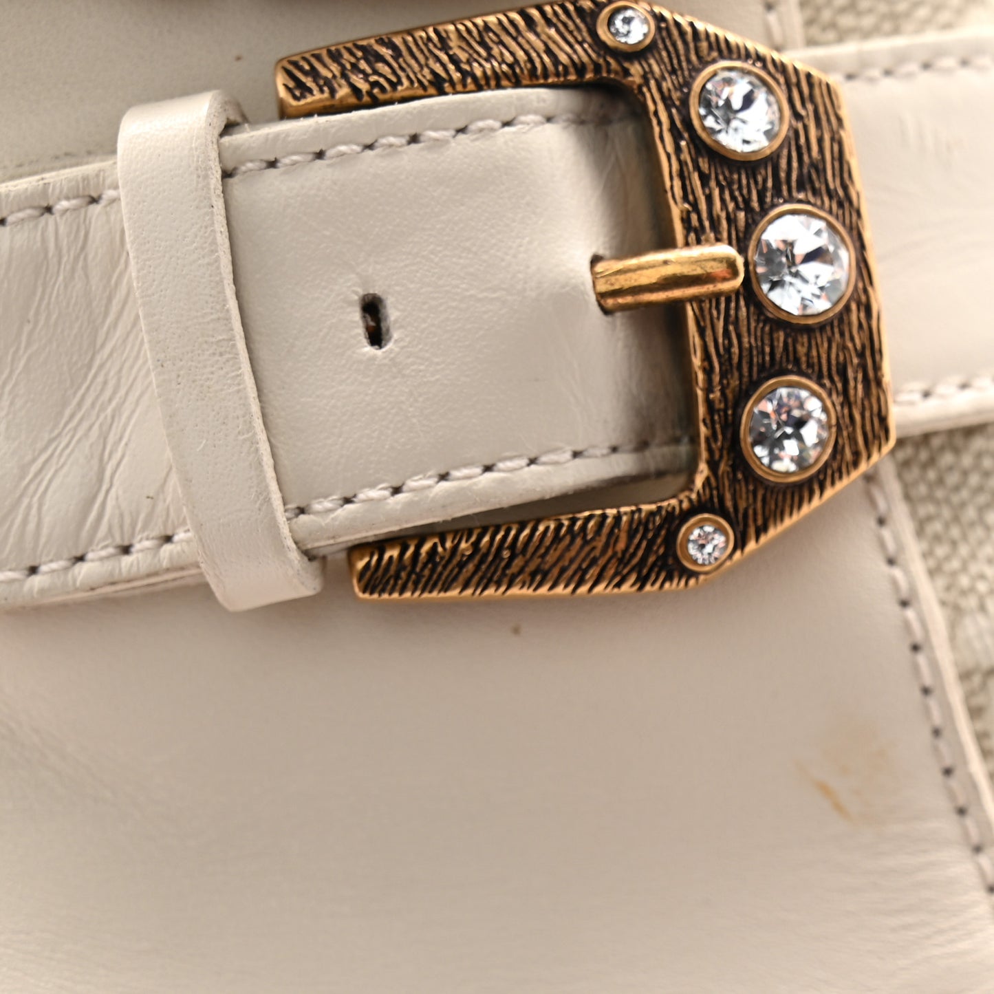 Kensington Calfskin Nappa GG Supreme Monogram Womens Double Buckle Ankle Boots 37.5 Mystic White Beige