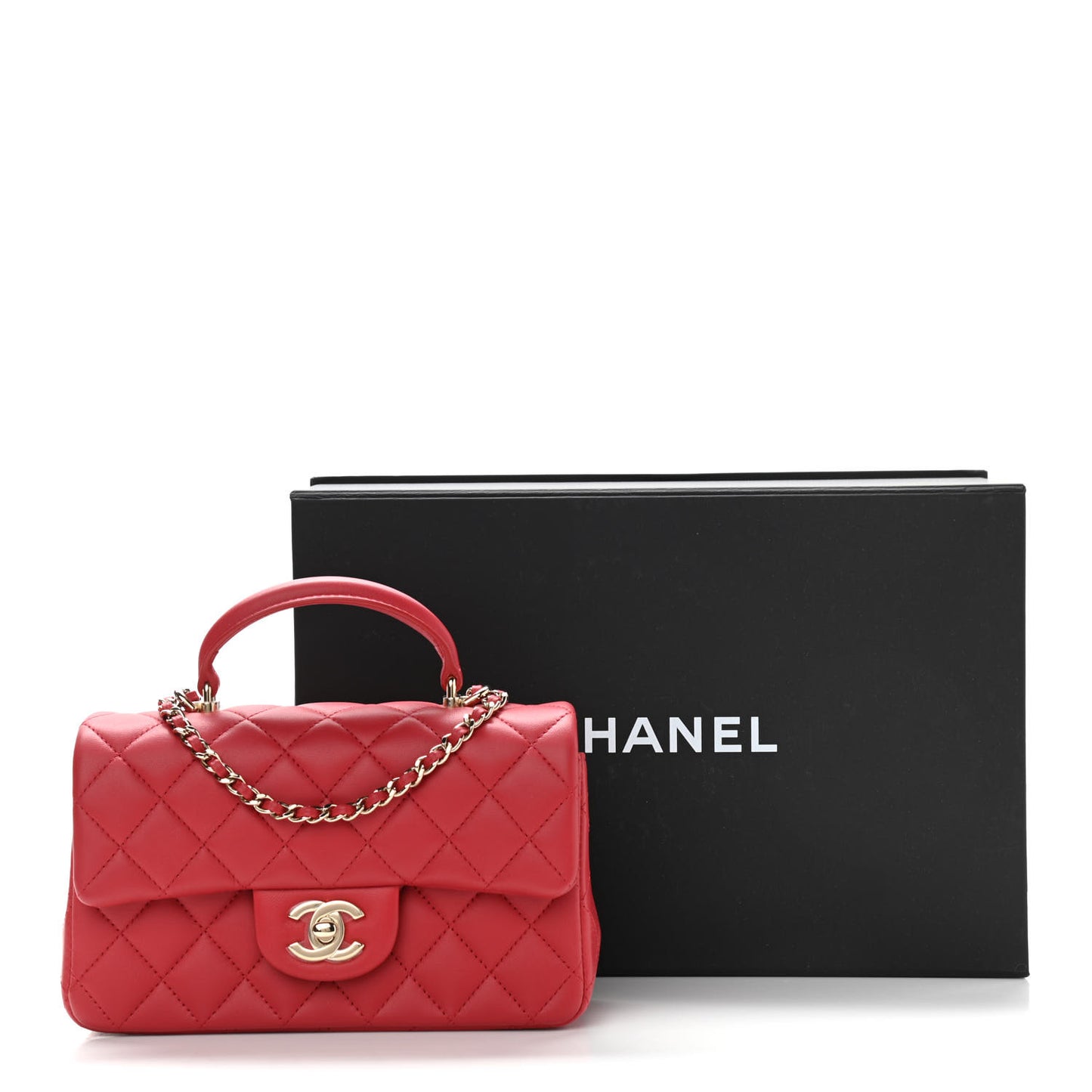 Lambskin Quilted Mini Top Handle Rectangular Flap Red
