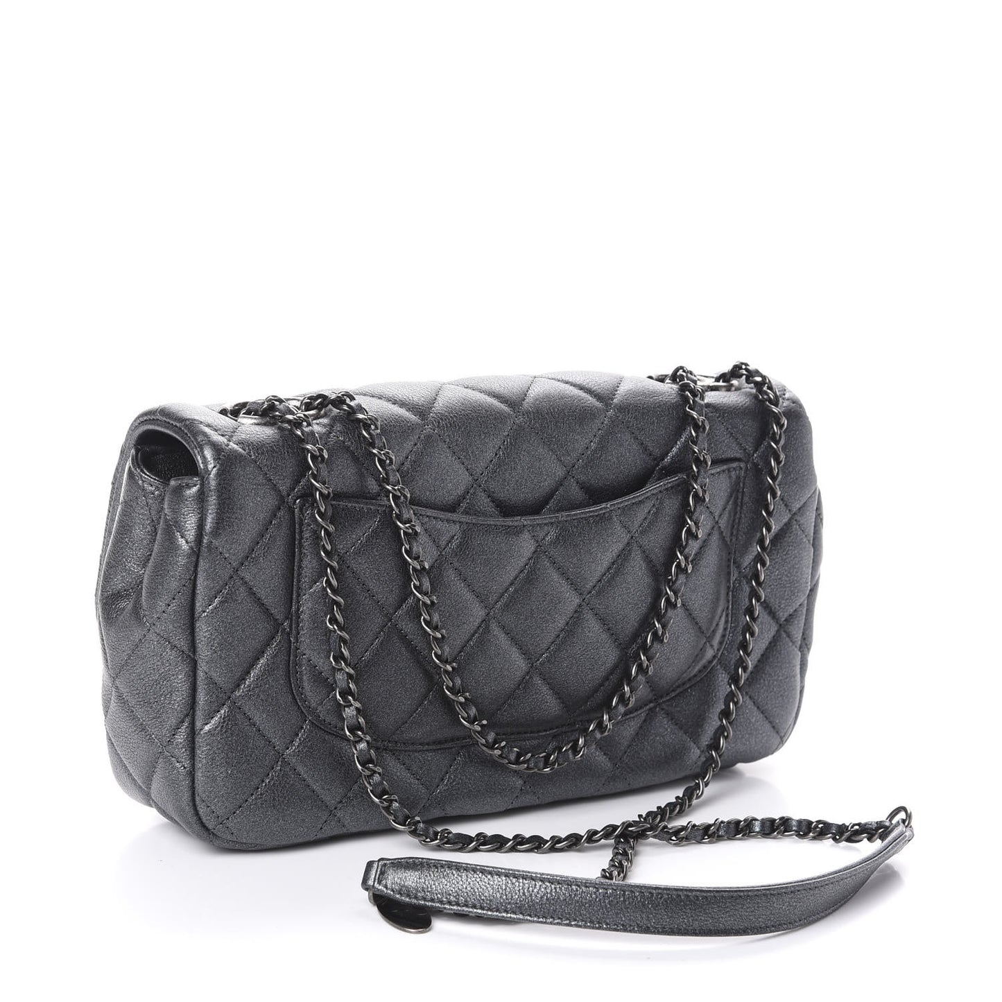 Metallic Calfskin Quilted Medium CC Eyelet Flap Dark Silver