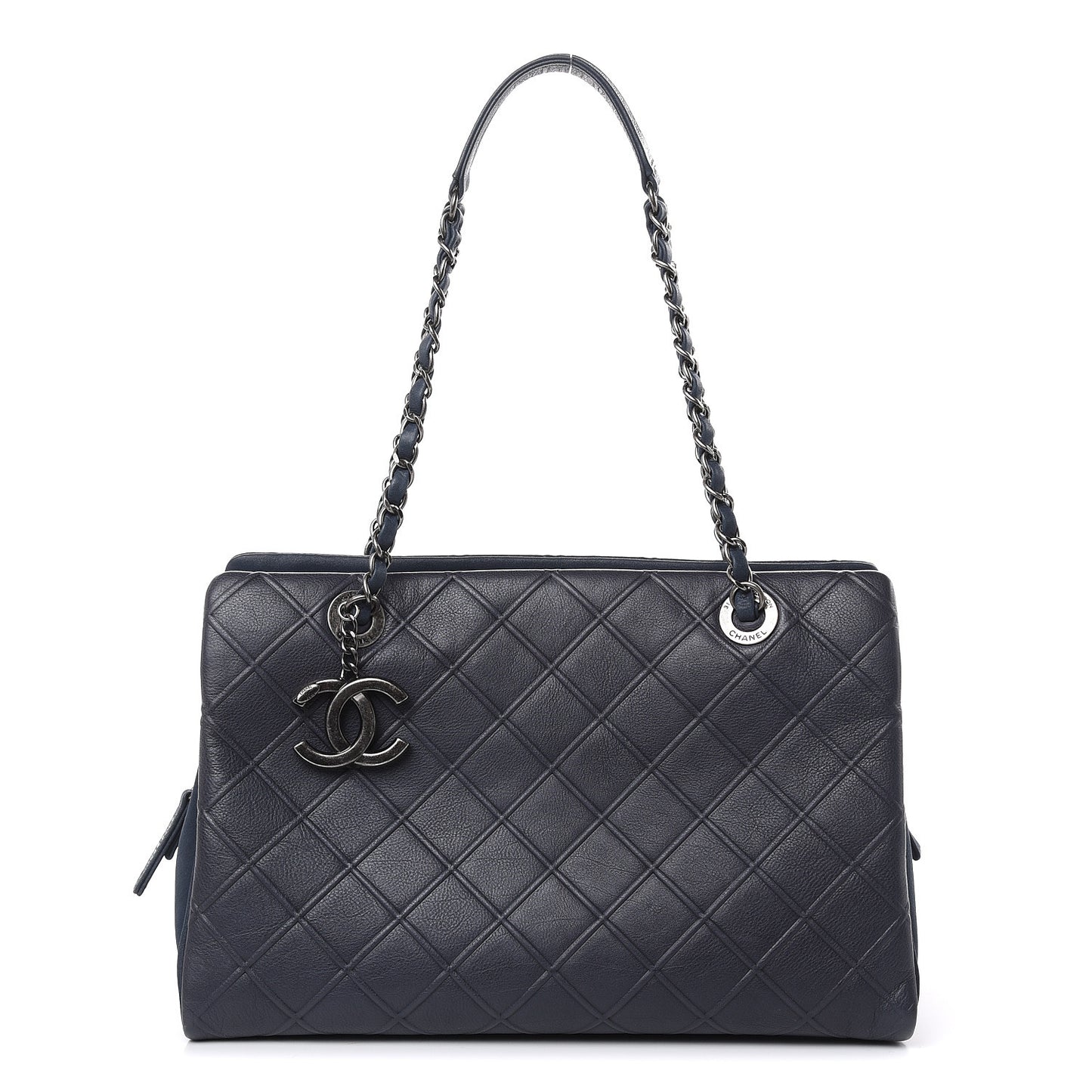 Calfskin Diamond Embossed Large CC Zip Shopping Tote Blue