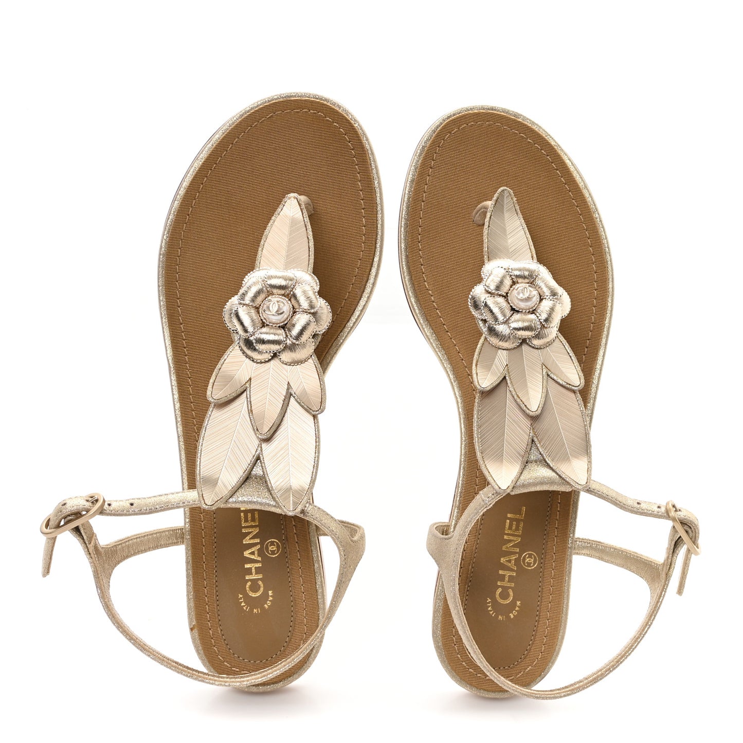 Metallic Calfskin Pearl Camellia Thong Flat Sandals 37 Gold