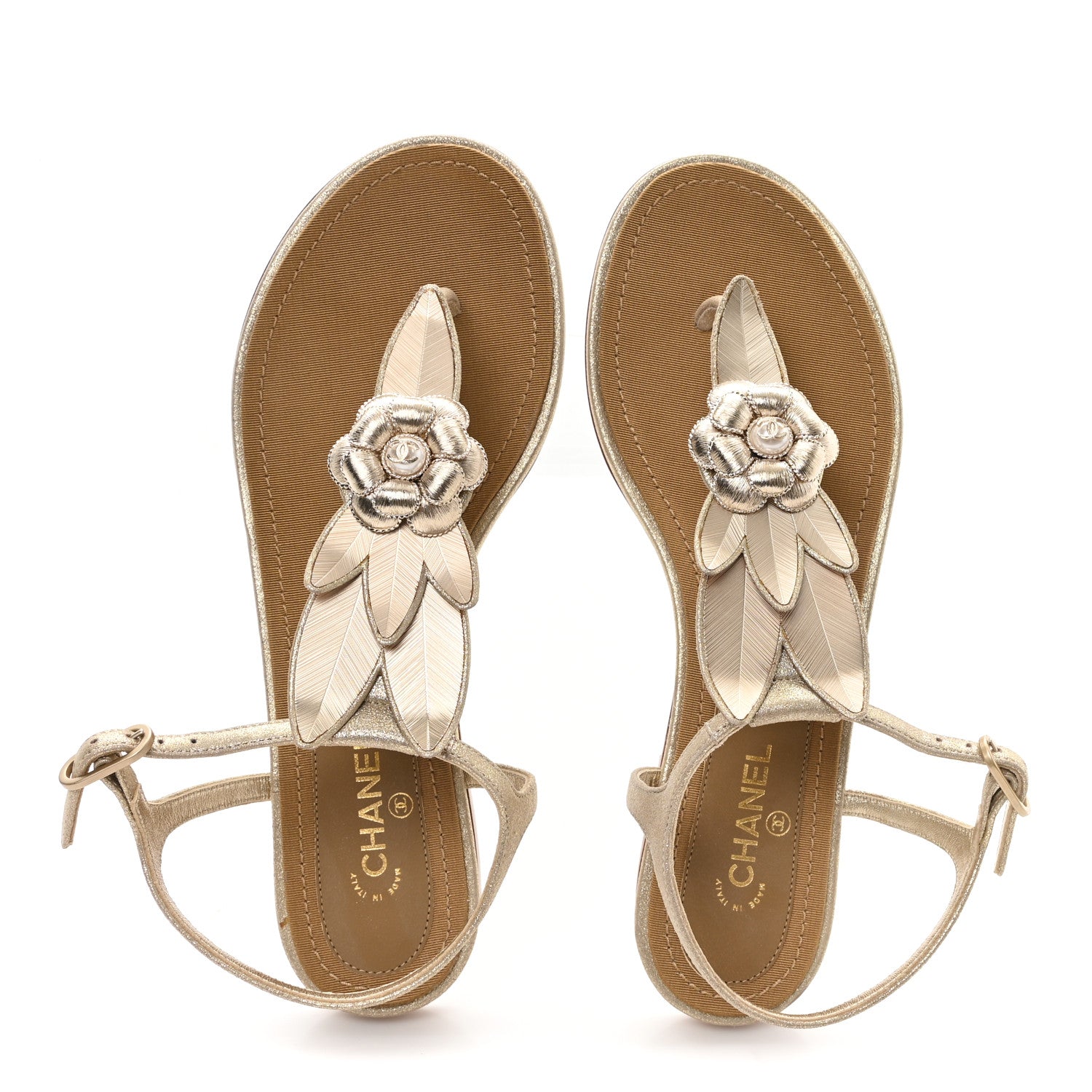 Chanel Metallic Calfskin Pearl Camellia Thong Flat Sandals 37 Gold 2 of 8