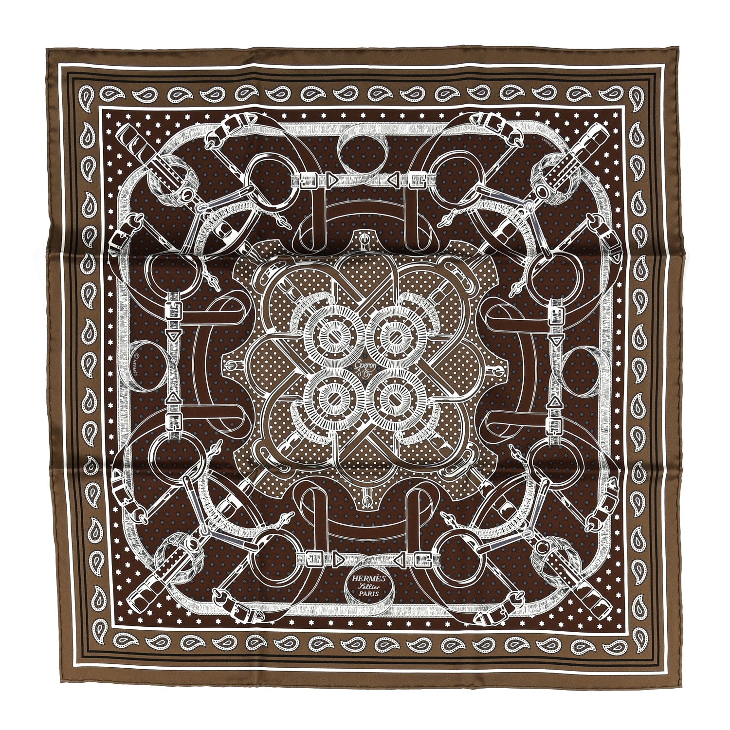 Hermes Silk Eperon D'Or Bandana Shawl 55 Etoupe Chocolate 1813528