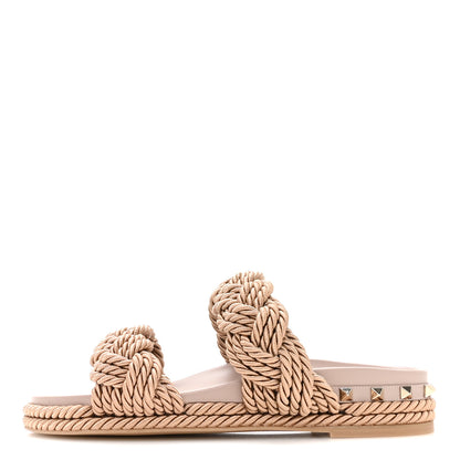 Valentino Garavani Calfskin Silk Woven Rockstud Torchon 5mm Sandals 38 Poudre 1 of 9