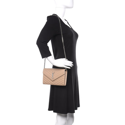 Saint Laurent Grain De Poudre Matelasse Chevron Monogram Chain Wallet Dark Beige 2 of 9