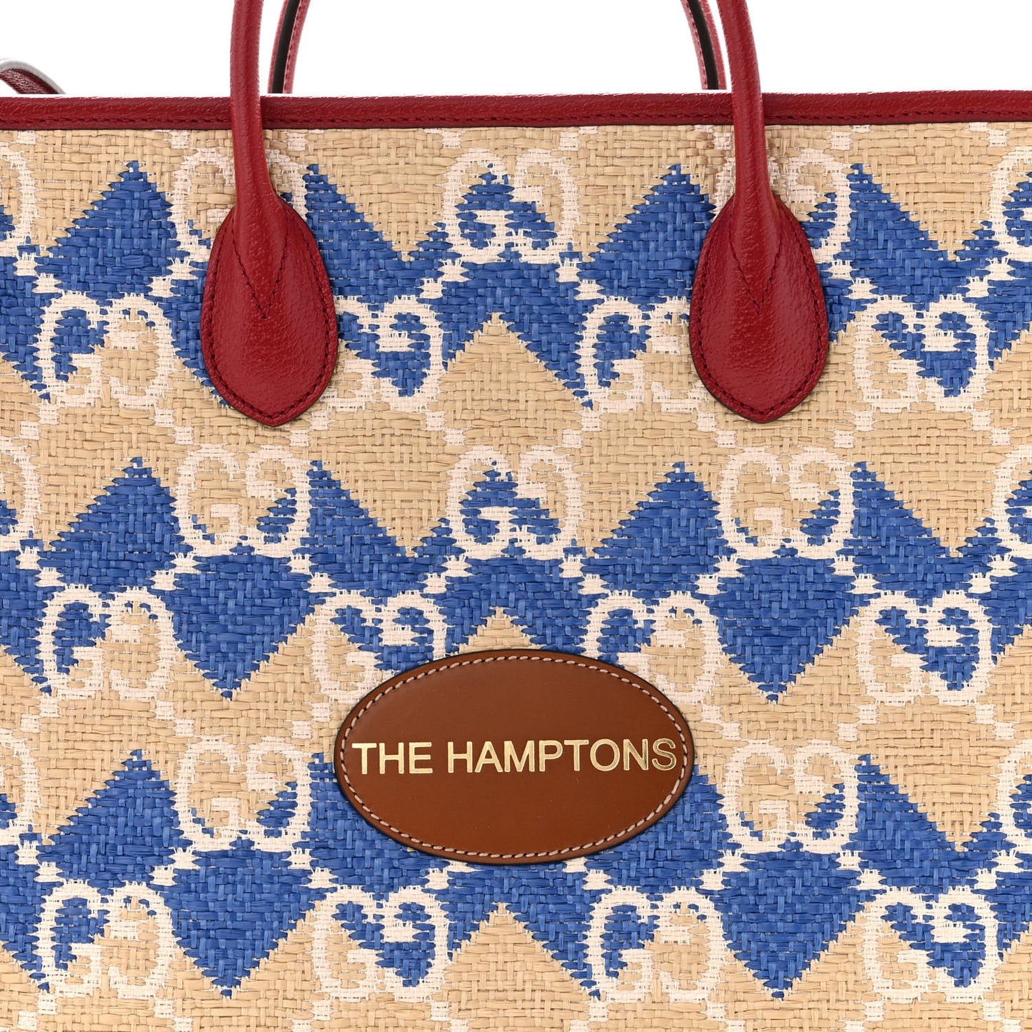 Raffia GG Monogram Hamptons Medium Tote Bag Beige Blue