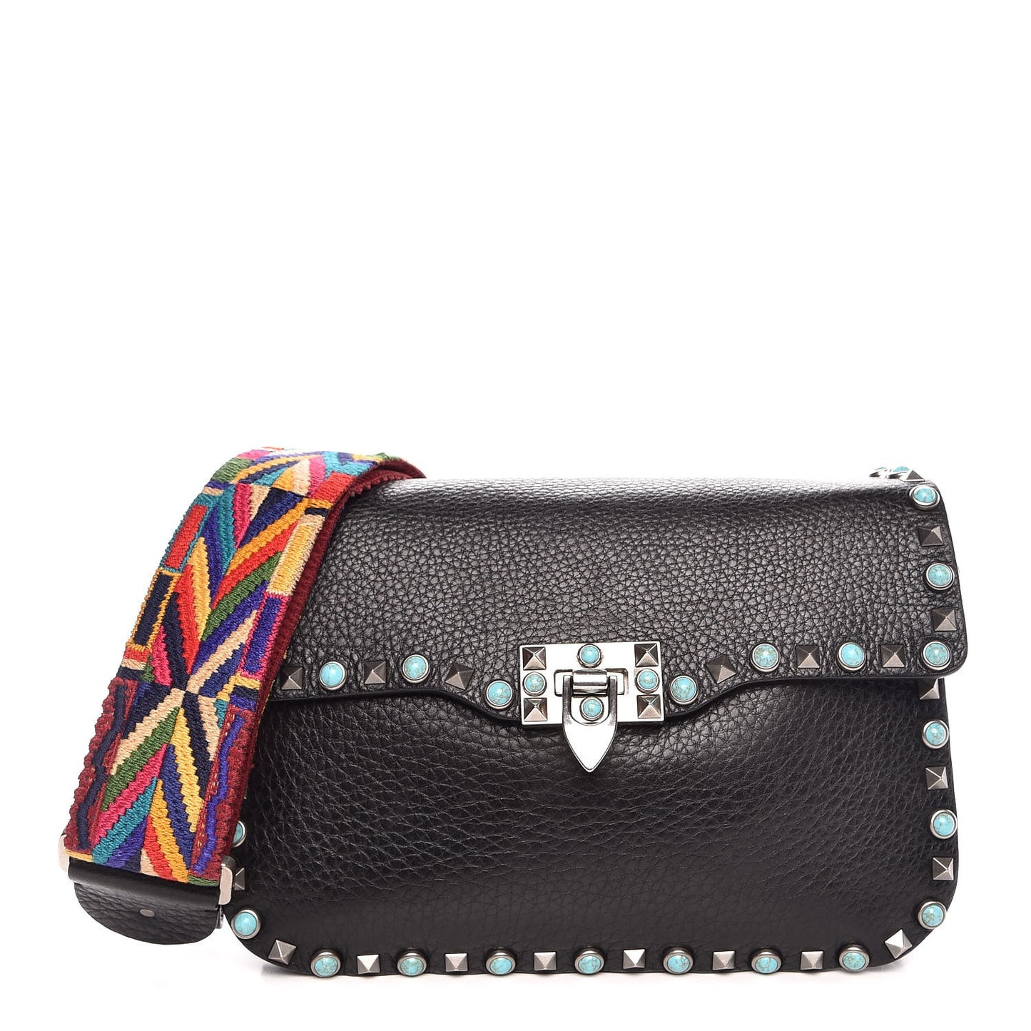 Pebbled Calfskin Turquoise Medium Guitar Strap Rockstud Rolling Flap Saddle Bag Black