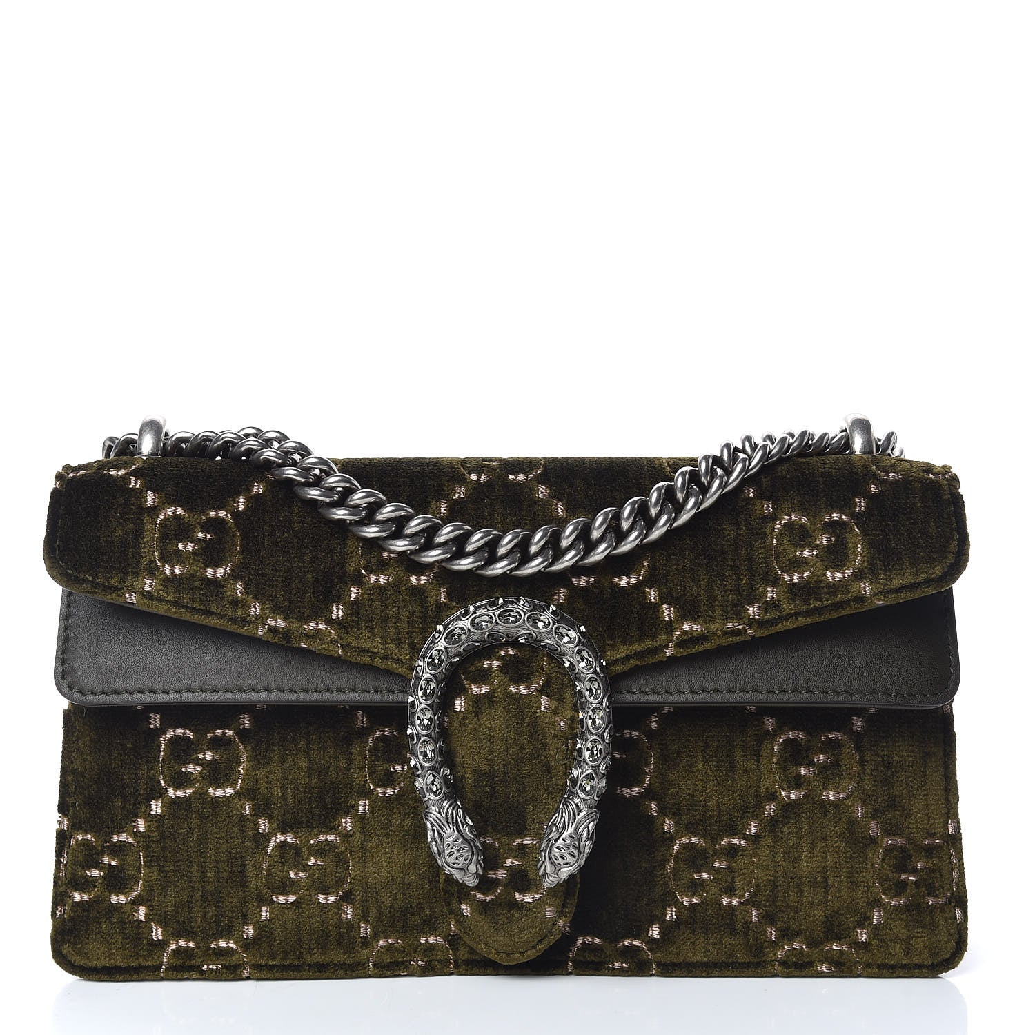 Gucci Velvet Moon Calfskin Crystal GG Monogram Small Dionysus Shoulder Bag Dark Olive Rose Gold 1 of 10