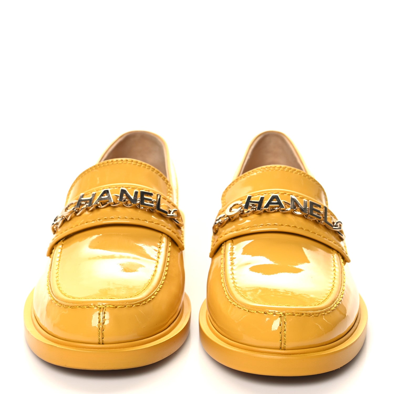 Chanel Shiny Calfskin Logo Loafers 39 Yellow 1566228