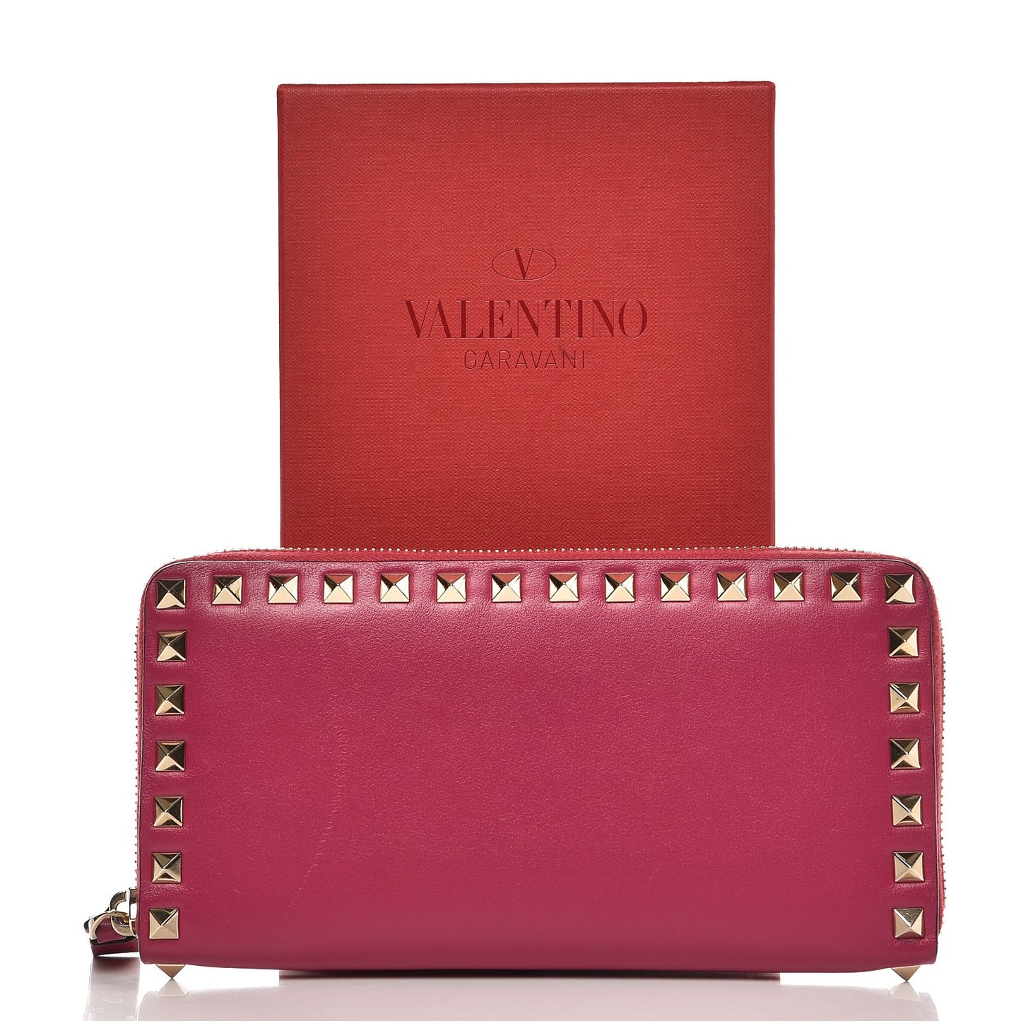 Calfskin Rockstud Zip Around Wallet Deep Cyclamin