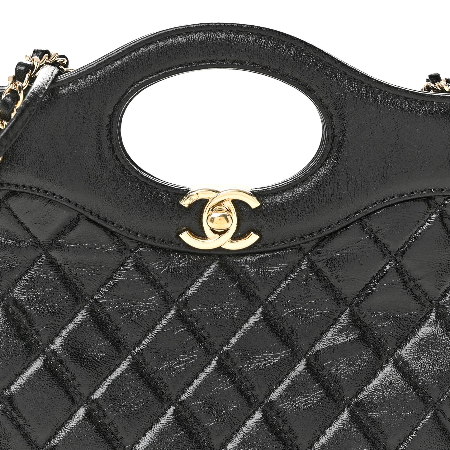 Shiny Crumpled Calfskin Quilted Mini 31 Shopping Bag Black