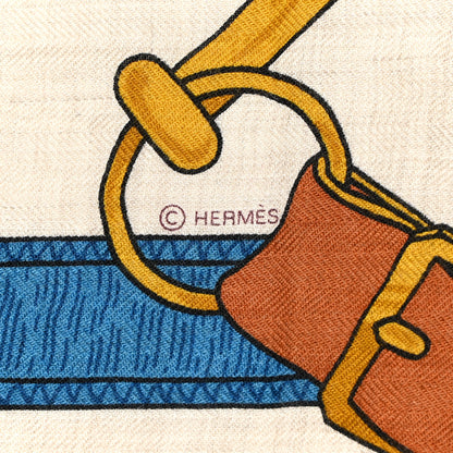 Hermes Cashmere Silk Eperon D'Or Shawl 140 Bleu Cobalt Naturel Vieil Or 4 of 6