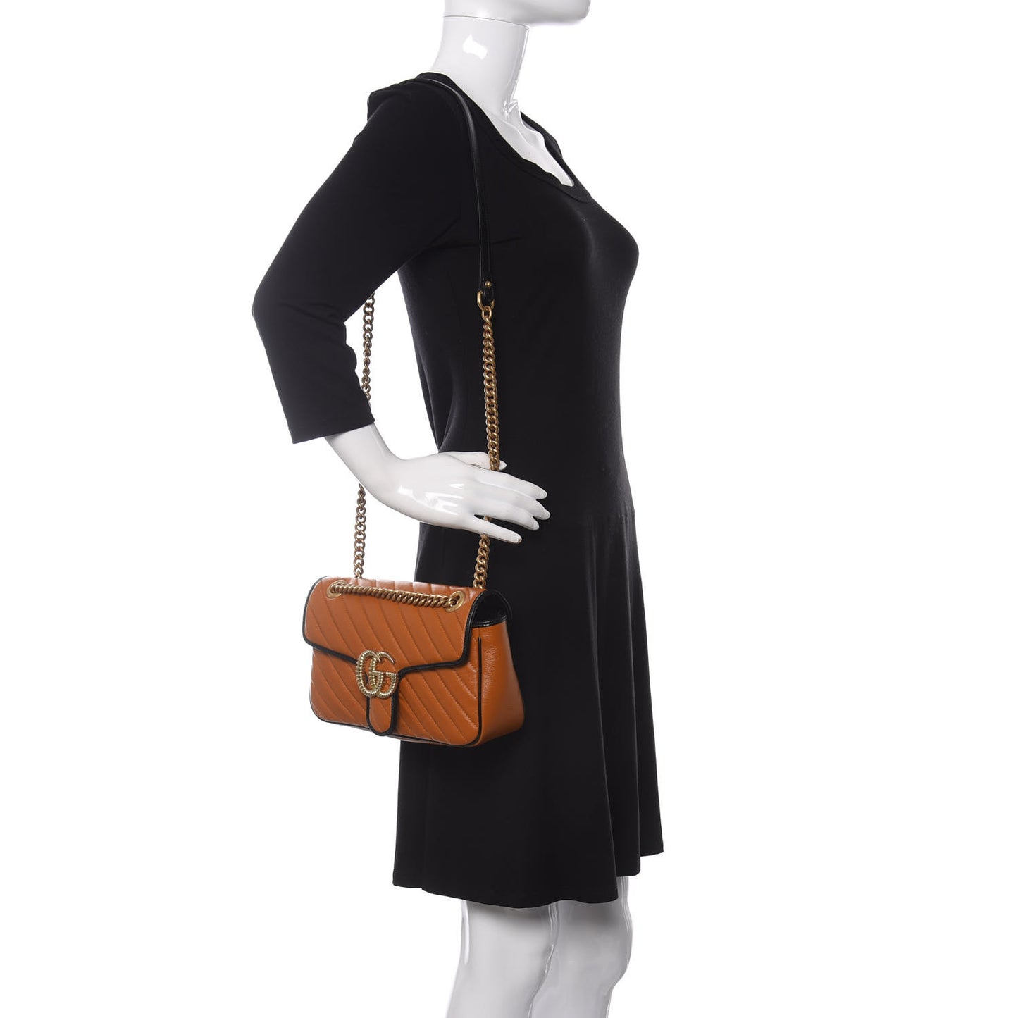 Vintage Effect Calfskin Matelasse Diagonal Small Torchon GG Marmont Shoulder Bag Cognac Black