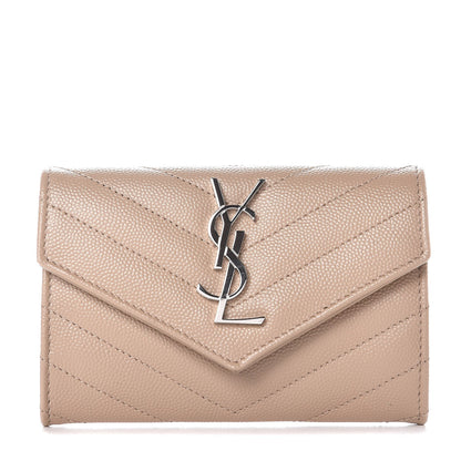 Saint Laurent Grain De Poudre Matelasse Chevron Small Monogram Envelope Wallet Dark Beige 1 of 9